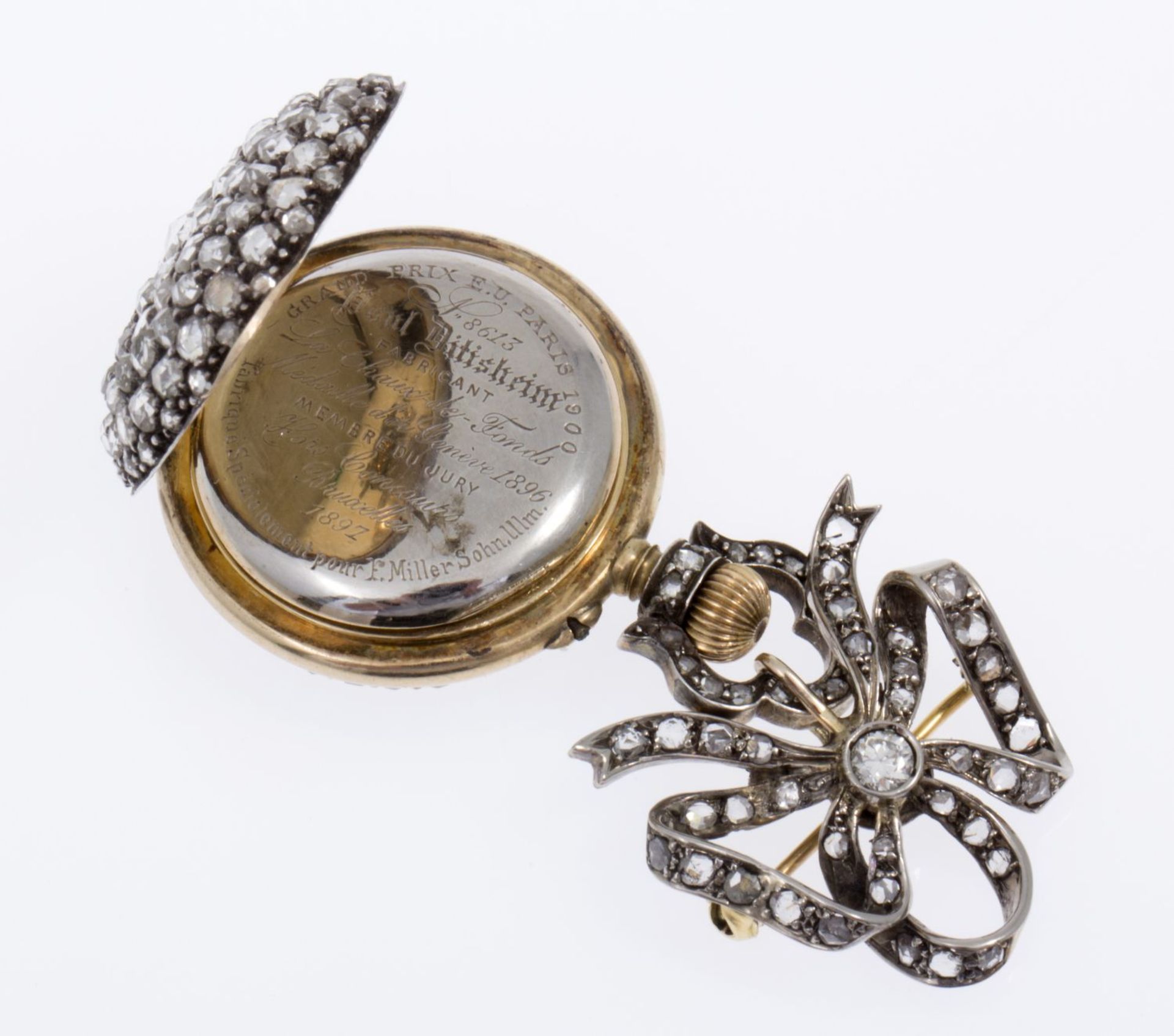 Feine Diamant-Damenhängeuhr an SchleifenbroscheGehäuse aus Gelbgold 750, Cuvette aus Weißgold 750, - Image 3 of 4