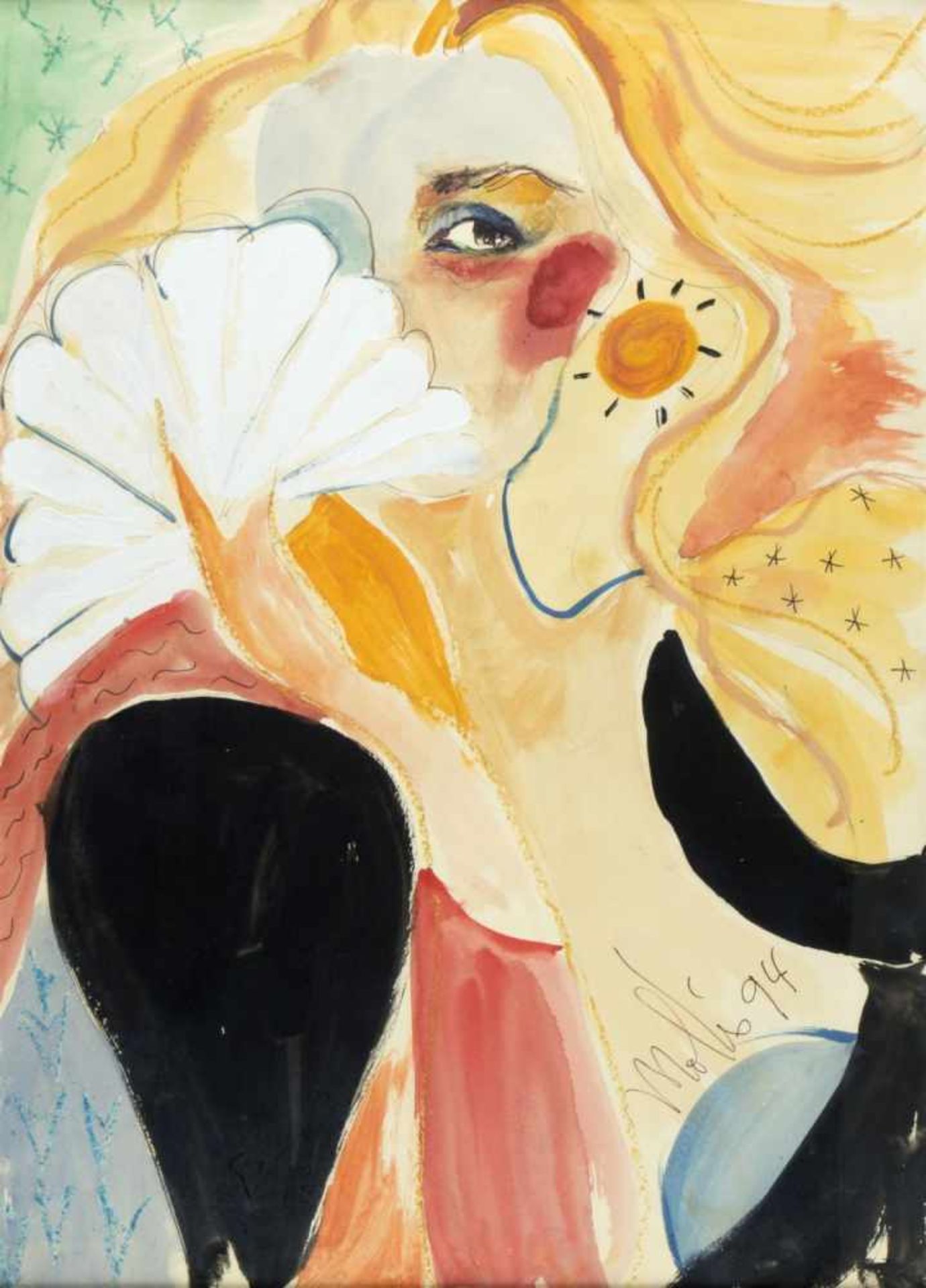 Molto, Vicente. 1948Brustbild einer Frau mit einem Fächer. Mischtechn. Sign. und dat. (19)94. 69,5 x