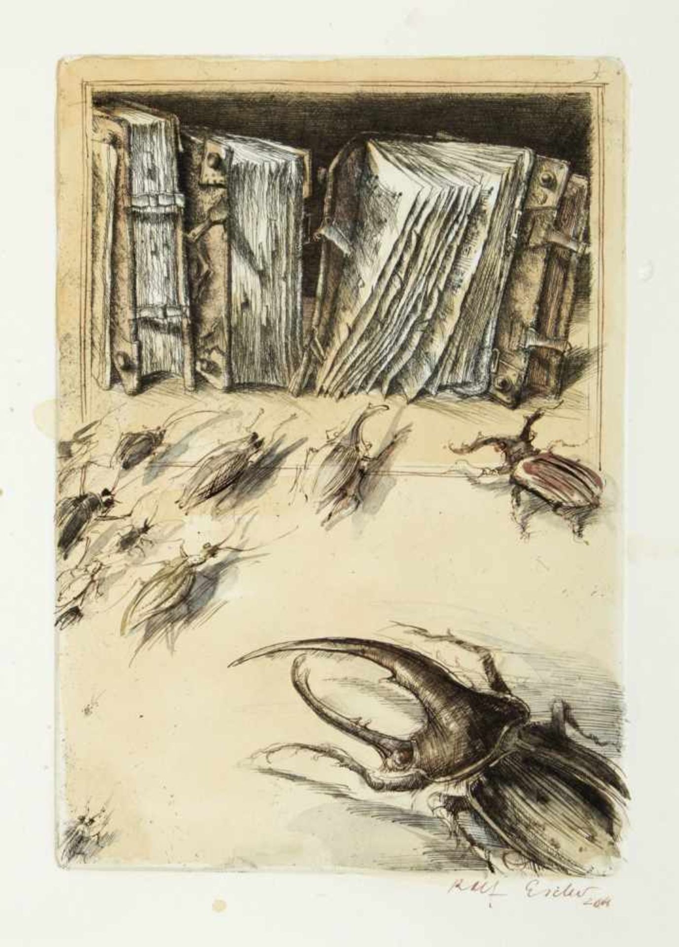 Escher, Rolf. 1936 HagenSchuh. Marmeladenglas mit Fliege. Hirschkäfer und alte Bücher. Teufel in der - Image 4 of 5
