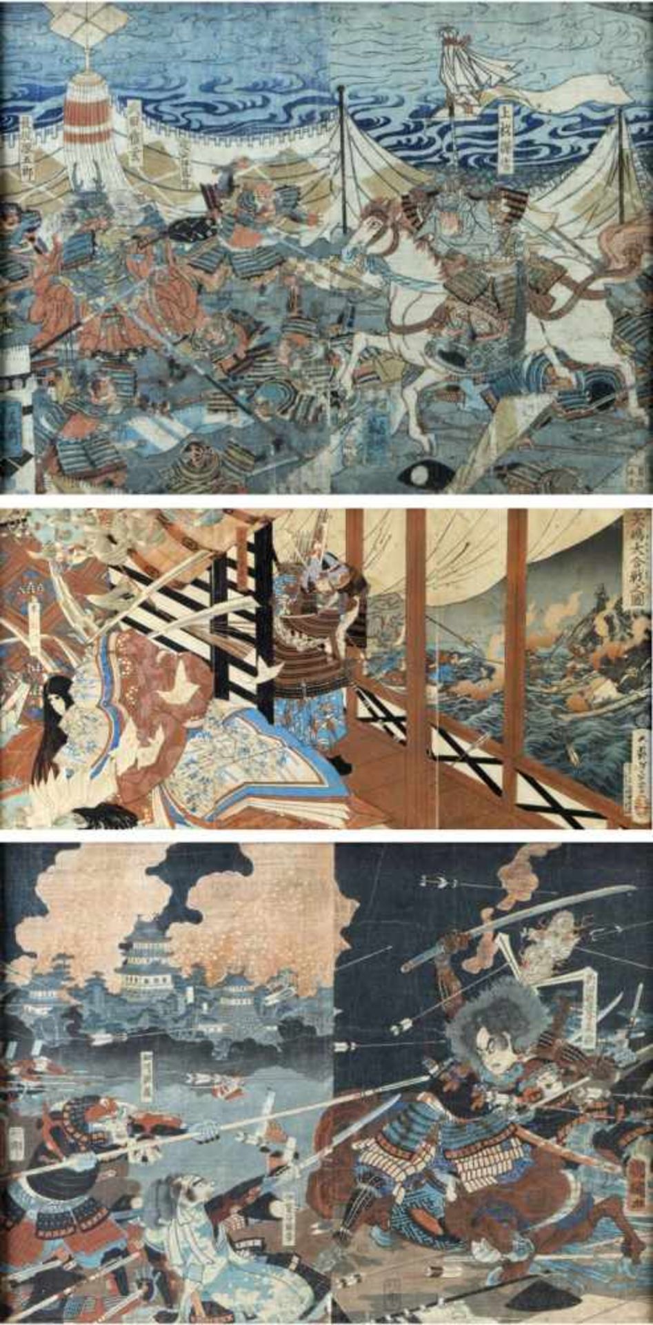 Kunitsuma. Yoshikatsu u.a.Kampfdarstellungen. 3 Farbholzschnitte. Bis 35 x 71 cm. Besch.