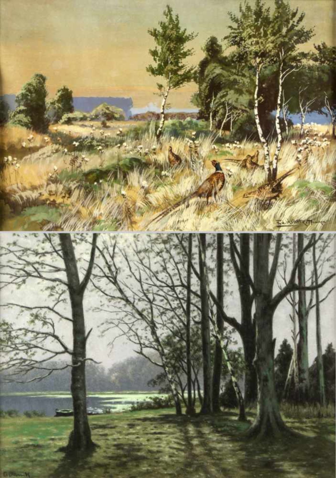 Heller, E. Jank, A.Fasane auf einer Wiese. See im Frühling. 1 Gouache. 1 Pastell. Sign. Bis 30,5 x