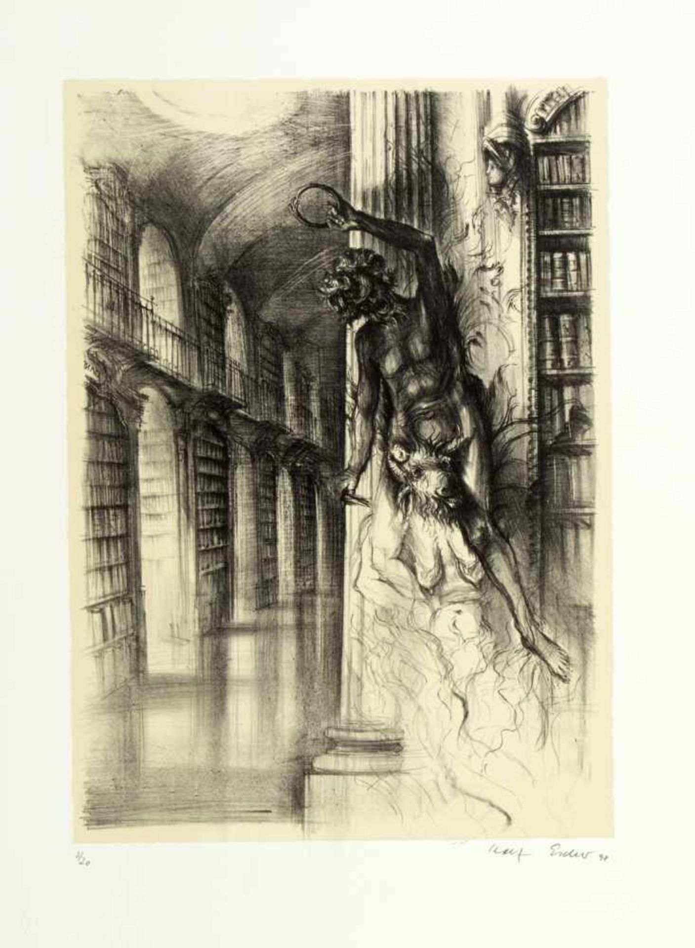 Escher, Rolf. 1936 HagenLesesaal einer Bibliothek. Gang einer Bibliothek. Großer Schreibtisch mit - Image 3 of 5