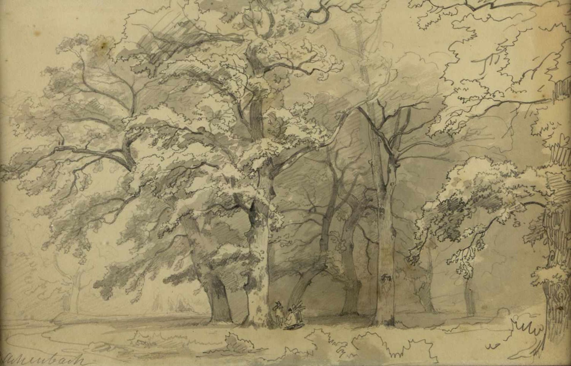 Achenbach, Andreas. 1815 Kassel - Düsseldorf 1910Rastende Reisigsammler im Wald. Bleistiftzeichn.