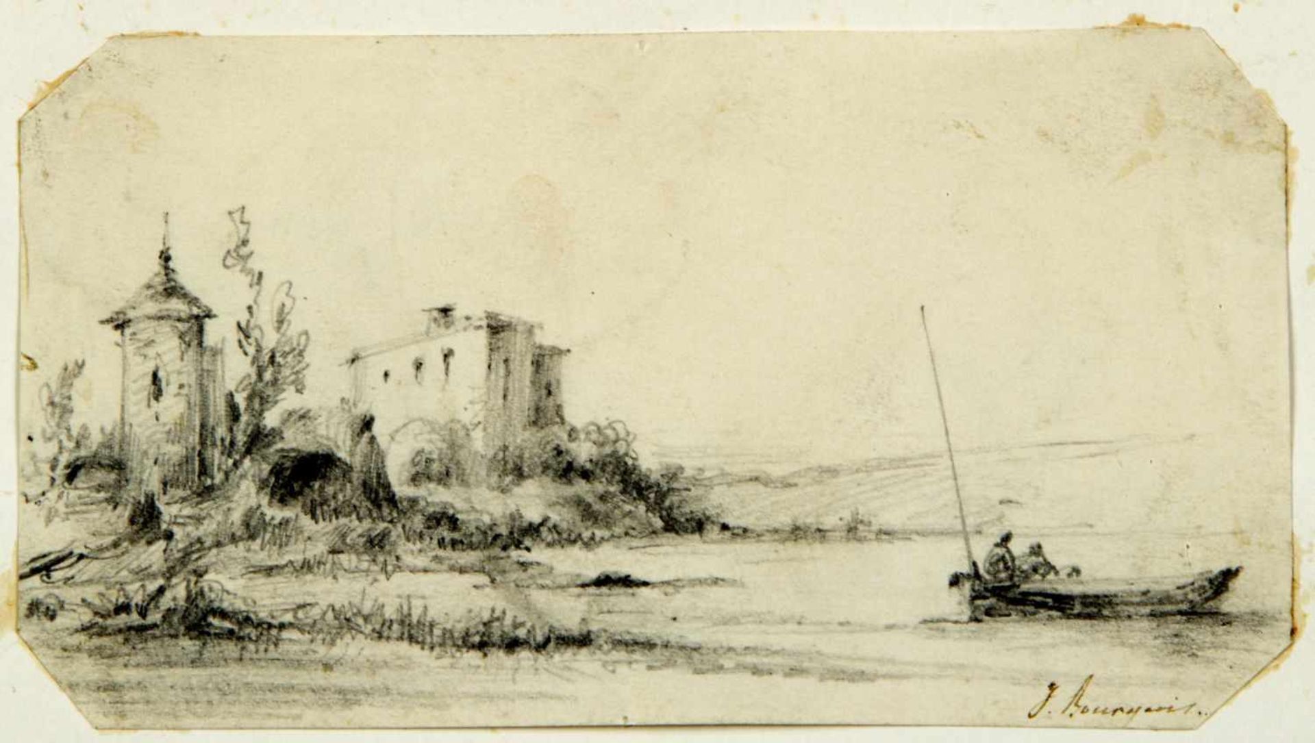 Diez, Wilhelm von. Bourgeois, J.I. u.a.Steine am Flussufer. Abfahrender Kahn an einem See. Reiter - Bild 3 aus 4