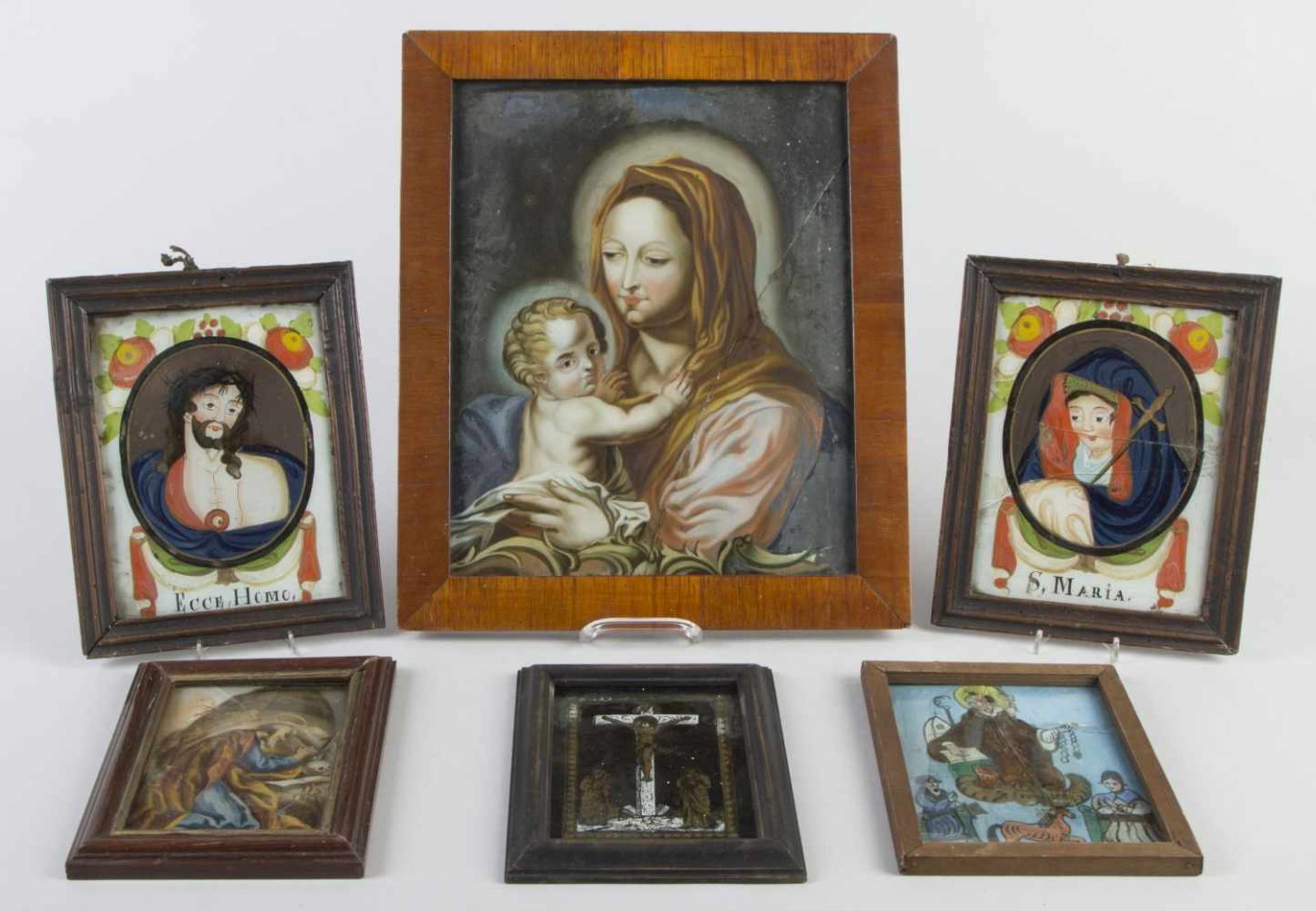 Zehn HinterglasbilderTempera auf Glas. Versch. religiöse Motive u.a. Madonna mit Kind, Kreuzigung - Image 2 of 3