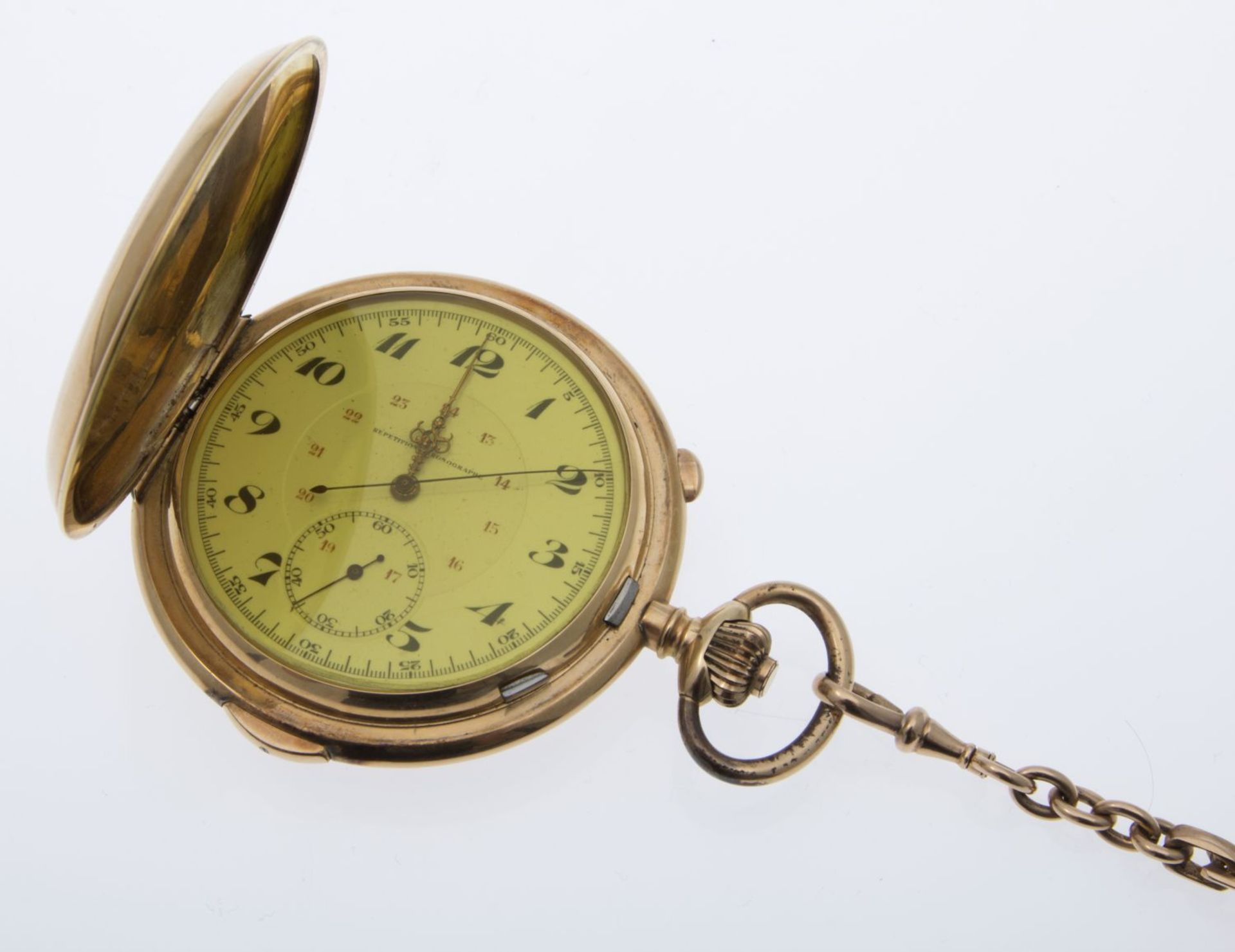 Große Sprungdeckeluhr mit Chronograph und Viertelrepetition an Uhrenkette - Bild 2 aus 4