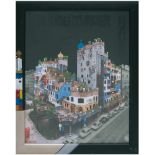 "Hundertwasser-Haus", Kunstdruck mit Farbfolie, 79x58 cm, hinter Glas, Rahmen farbigbemalt