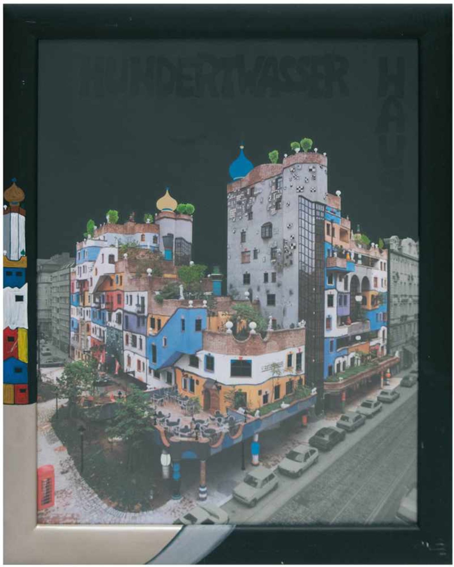 "Hundertwasser-Haus", Kunstdruck mit Farbfolie, 79x58 cm, hinter Glas, Rahmen farbigbemalt