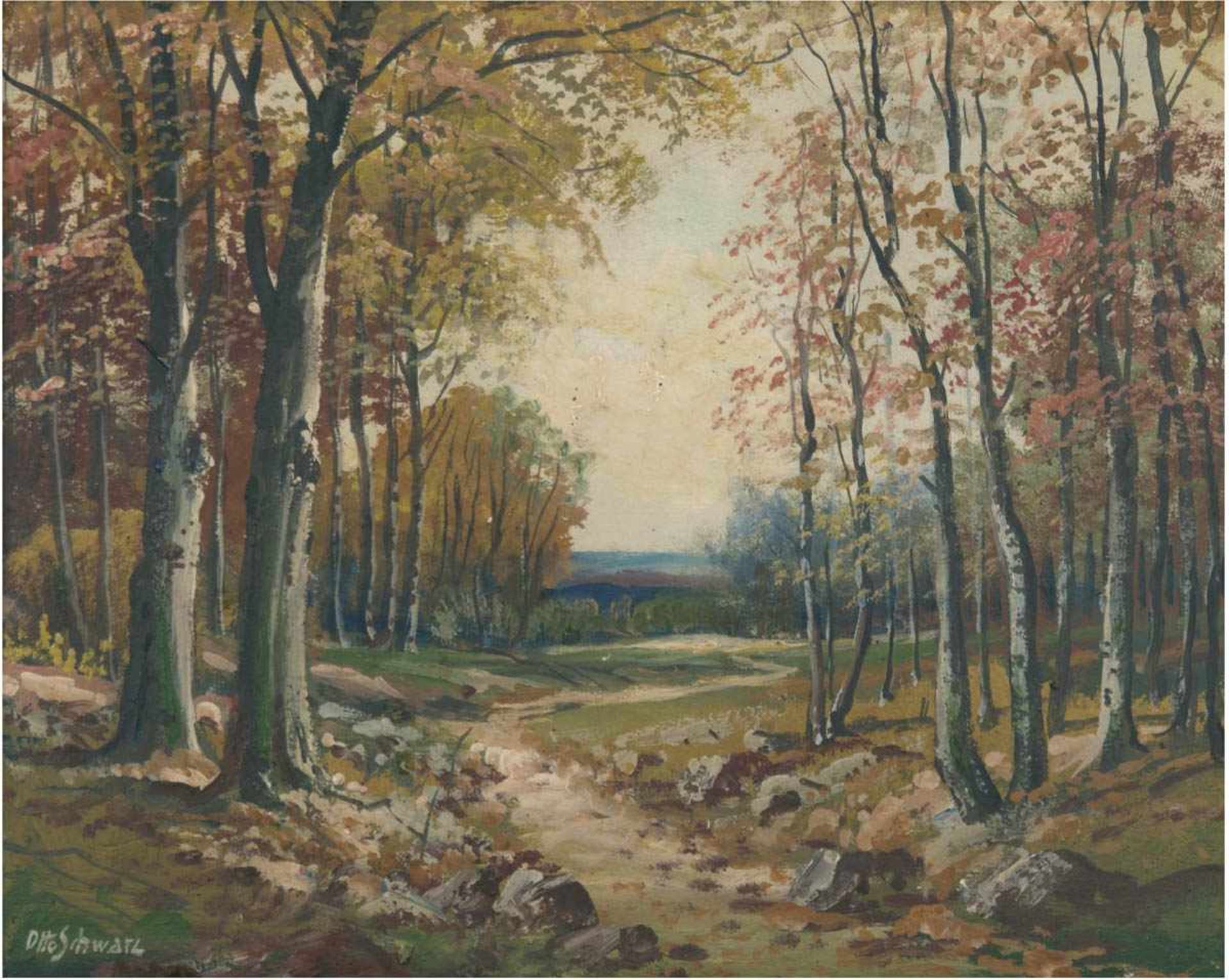 Schwarz, Otto (1880 Hamburg-1952) "Weg durch einen Herbstwald", Öl/Mp., sign. u.l. 24x30cm, Rahmen
