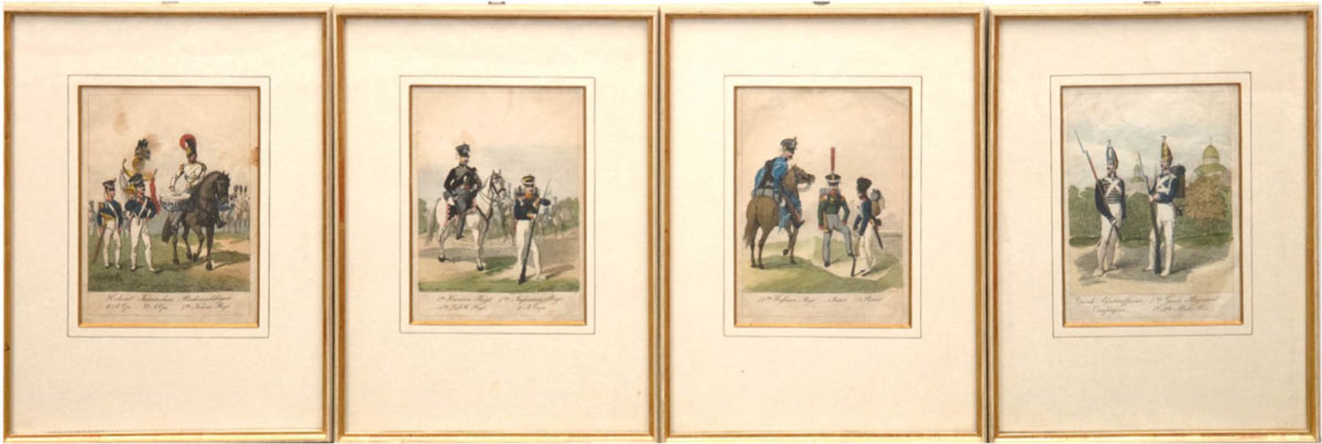 4 kol. Stiche, Offiziere der Garde, Husaren, Infanterie, Spielmannszug, Blätter fleckig,15,5x11