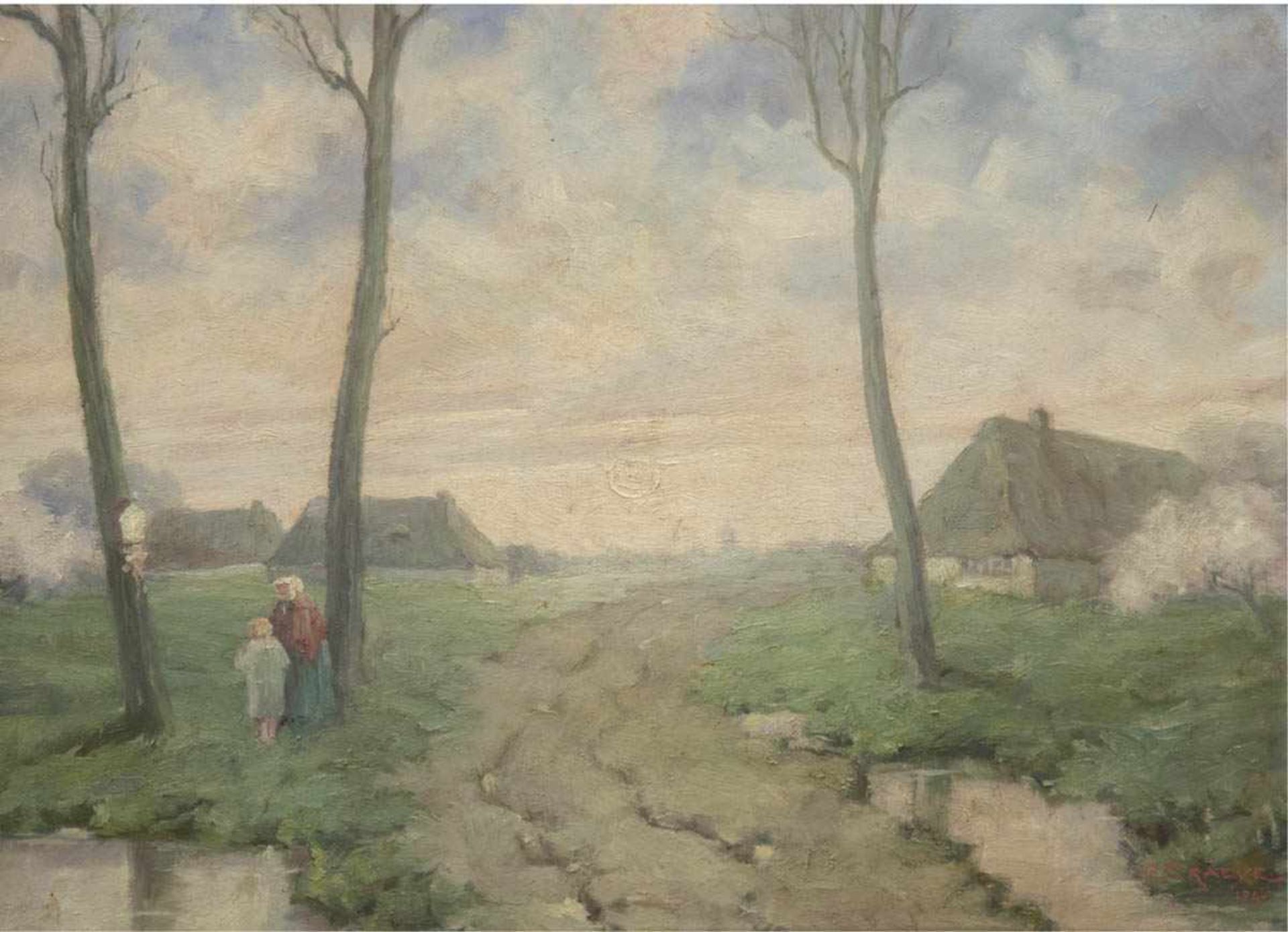 Craeye, E. (Belgischer Maler des 20. Jh.) "Morgenstimmung am Dorfrand", Öl/Holz, sign.u.r. und