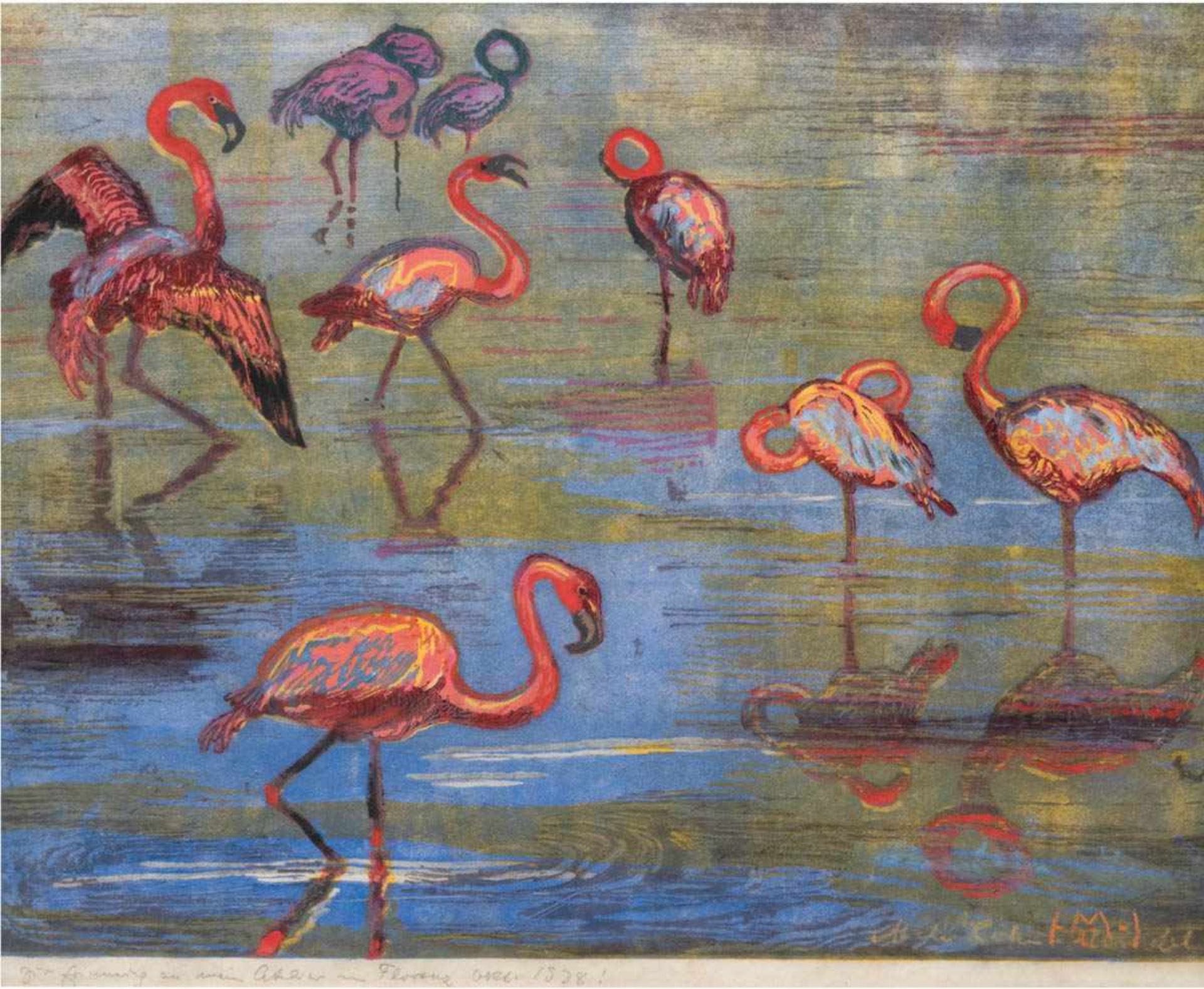 "Flamingos", Mischtechnik, monogr. u.r., bez. und dat. Okt. 1938 u.l., 41x48 cm, hinterGlas im