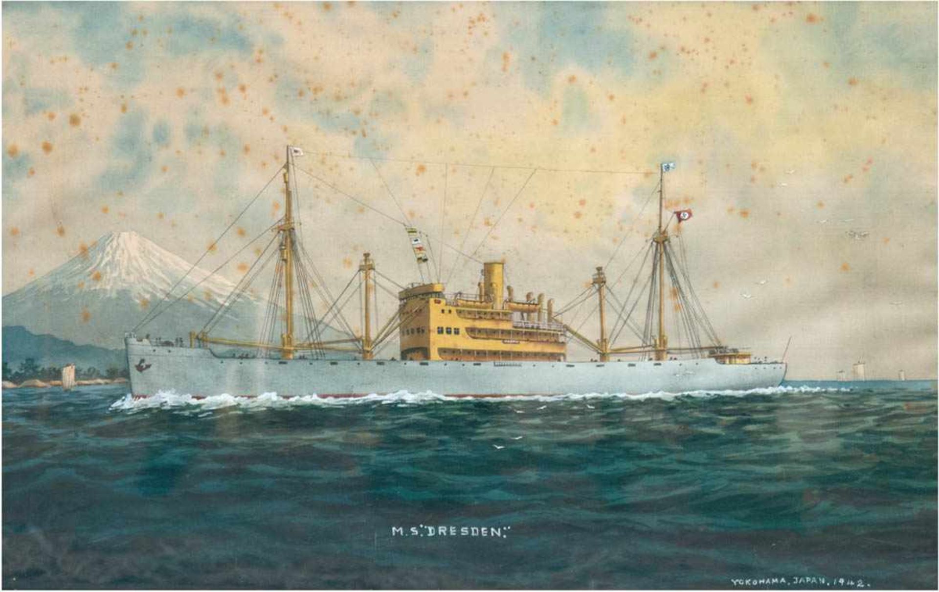 Marinebild "M.S. Dresden", Seidenmalerei, u.r. bez. "Yokohama, Japan 1942", stockfleckig,28x43 cm,