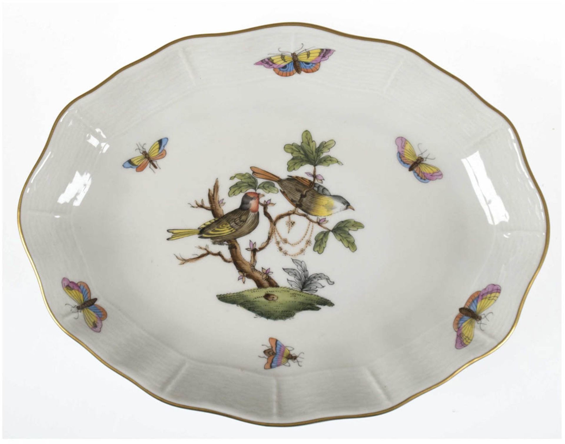 Gebäckschale, oval mit 10 Tellerchen, Herend, Rothschild mit Goldrand, 3x19,5x15 cm undDm. 9,5 cm - Bild 2 aus 2