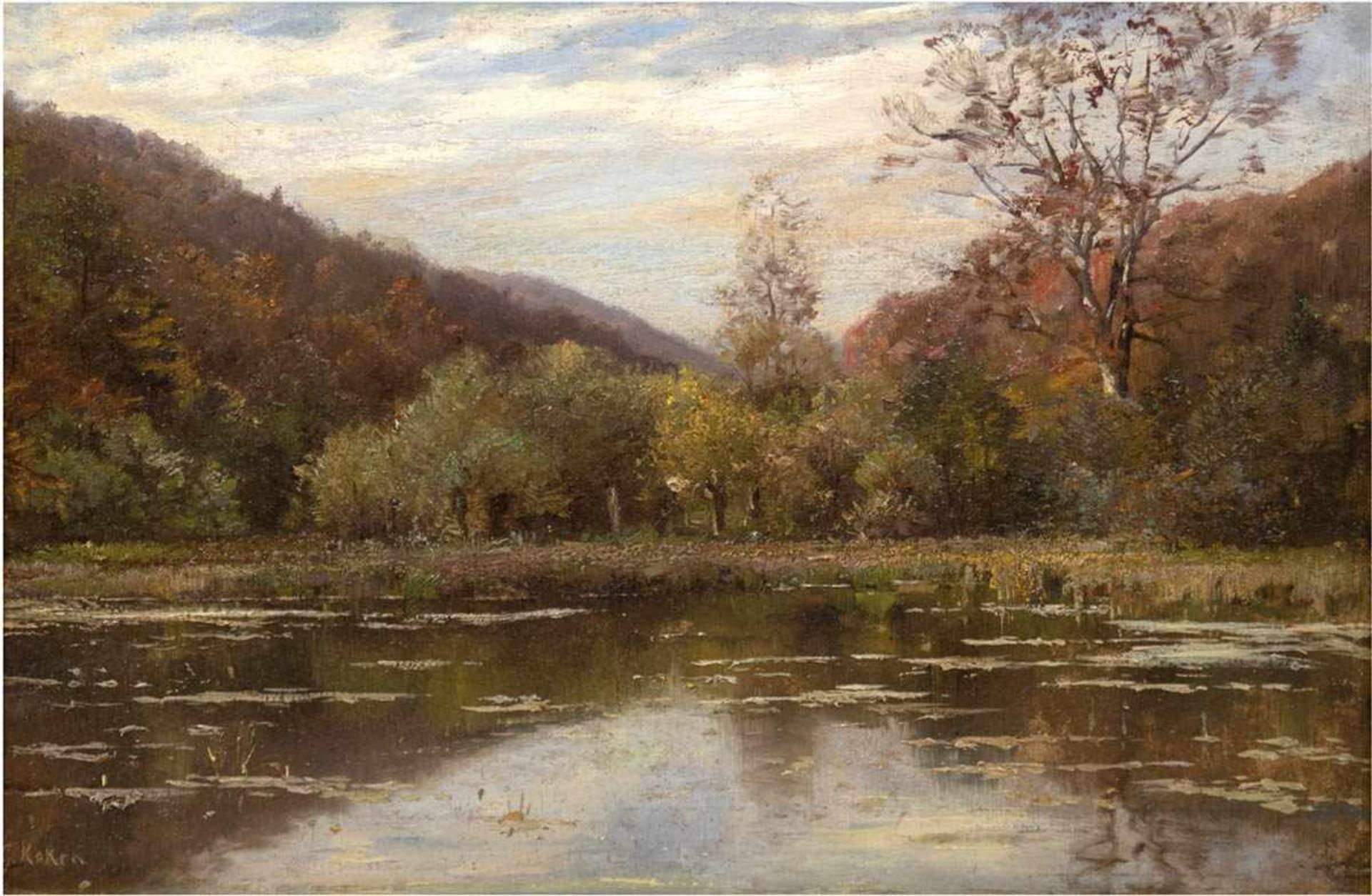 Koken, Gustav (1850 Hannover-1910 ebenda) "Harz-Landschaft am See", Öl/Lw. auf