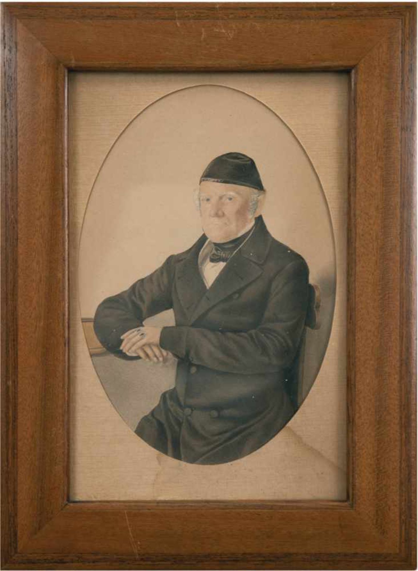 Biedermeier-Porträt "Älterer Herr mit Kappe", Zeichnung, 16,5x11 cm, im Passepartout mitovalem