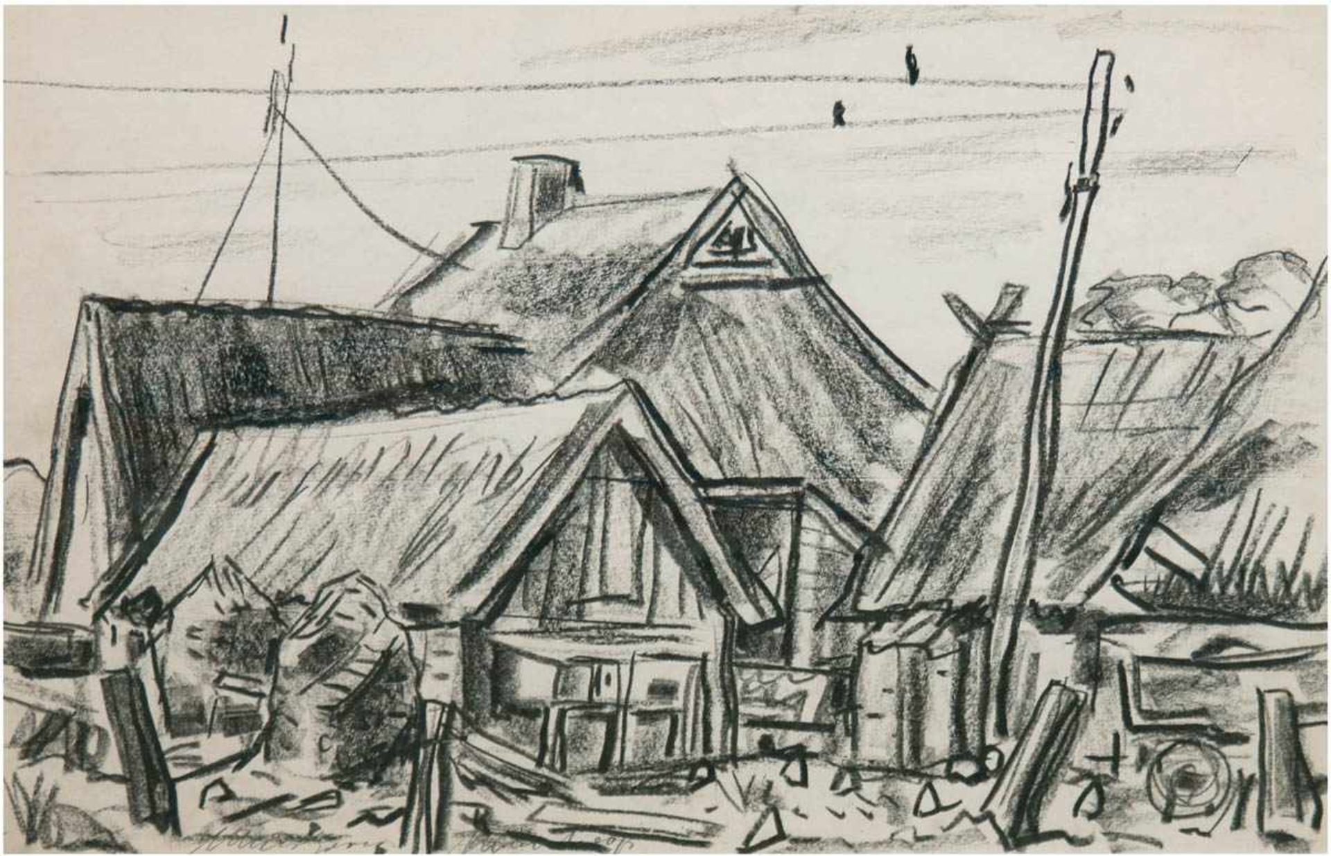 "Ahrenshoop", Lithographie?, undeutl. sign. u.l. und bez. "Ahrenshoop", 30x42 cm, hinterGlas im