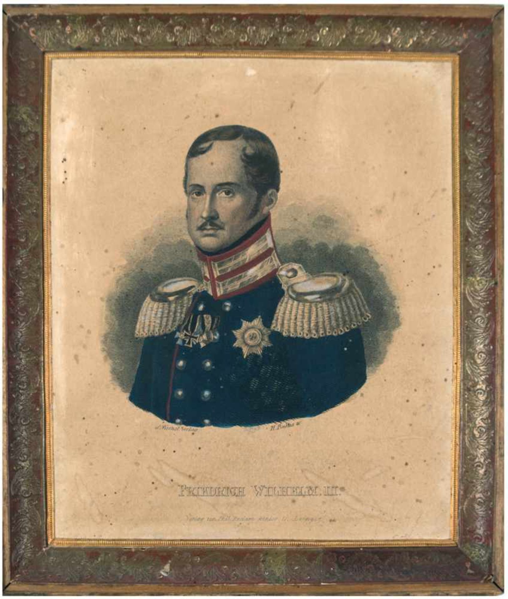 "Friedrich Wilhelm III.", handkolorierter Druck, Verlag Ph. Reclam jun. in Leipzig,fleckig, 15,