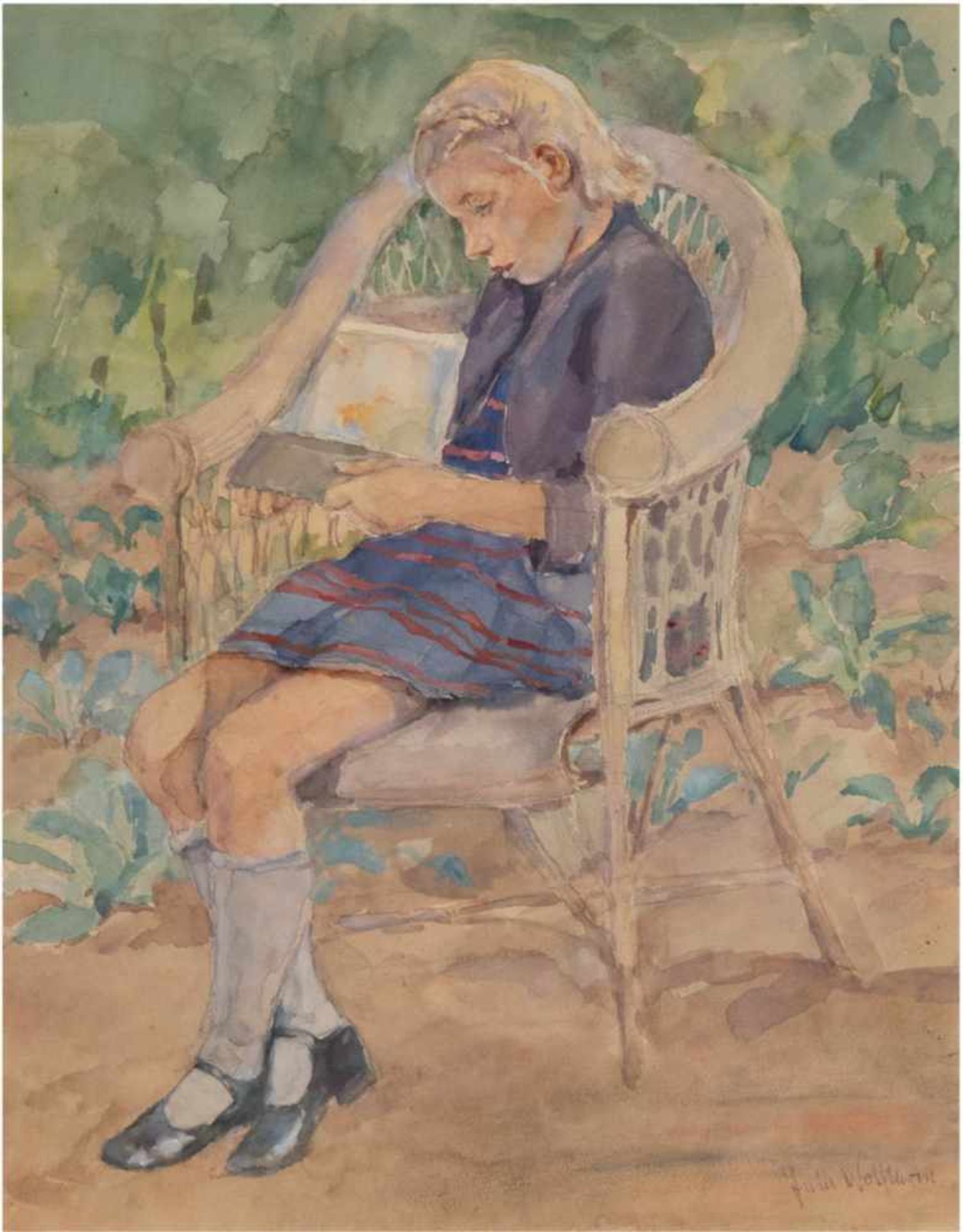 Wolfthorn, Julie (1868 Thorn-1944 Theresienstadt) "Lesendes Mädchen", um 1920, Aquarell,sign. u.
