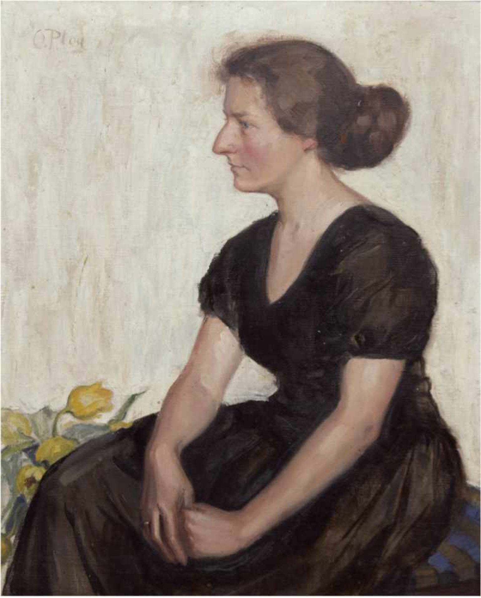 Plog, O. "Halbporträt einer Dame im schwarzem Kleid mit Dutt", Öl/Lw., sign. o.l., 90x68cm, Rahmen