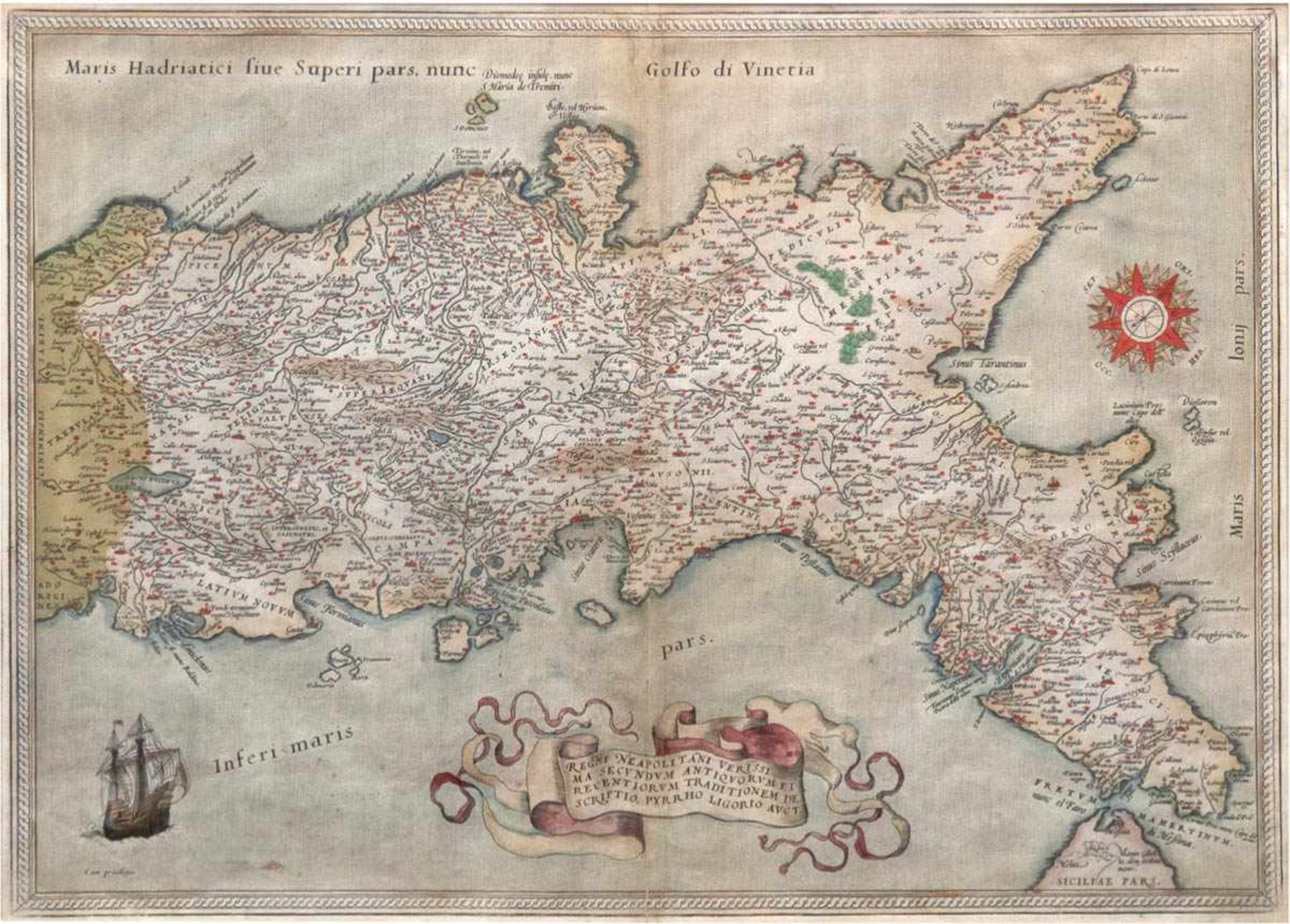 Landkarte "Italien", kol. Kupferstich, Schiffdarstellung und Schriftband mit Titel unten,rechts