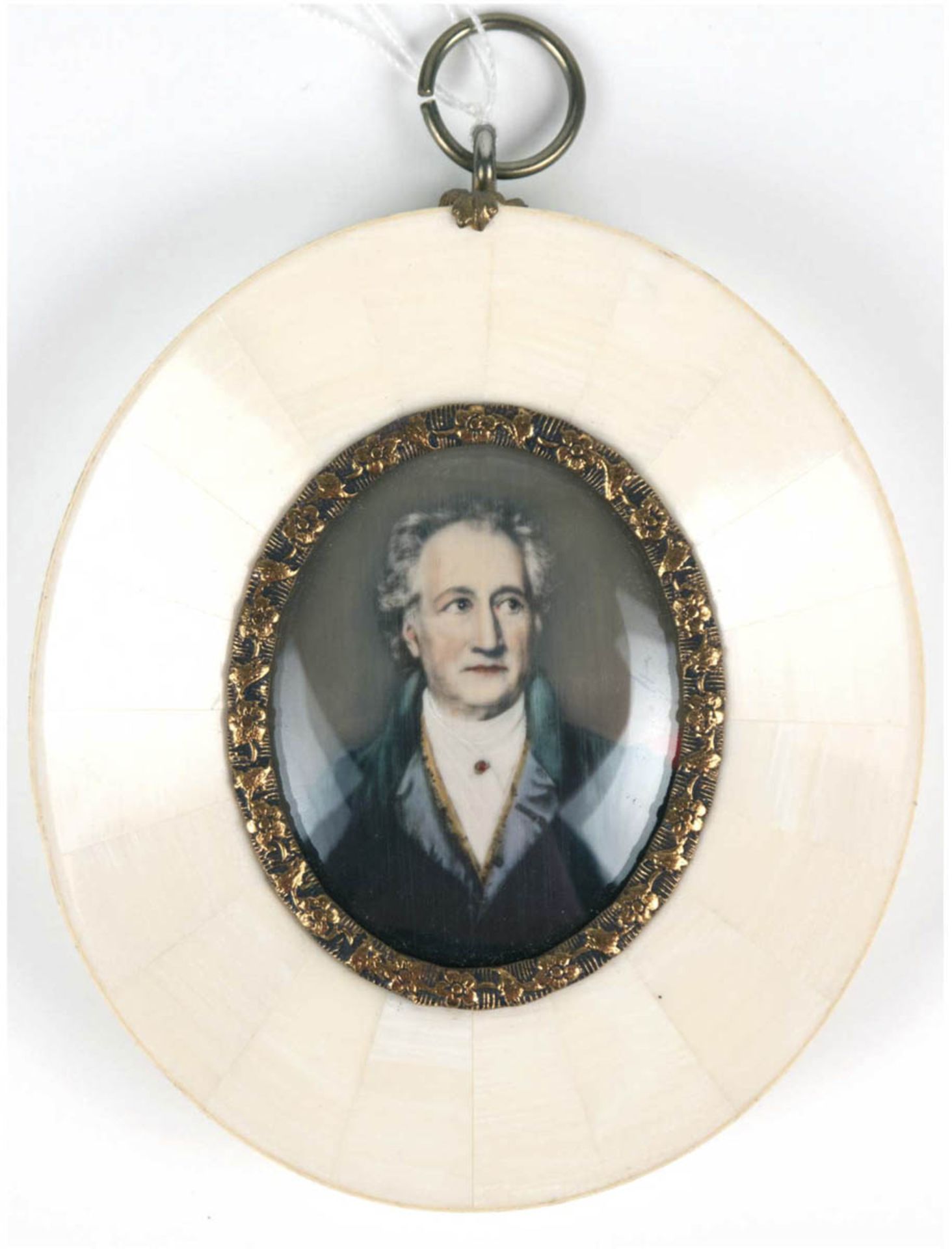 Miniatur, 20. Jh., "Porträt von Johann Wolfgang v. Goethe", Öl/Bein, unleserl. signiertm.r., 4,8x3,7