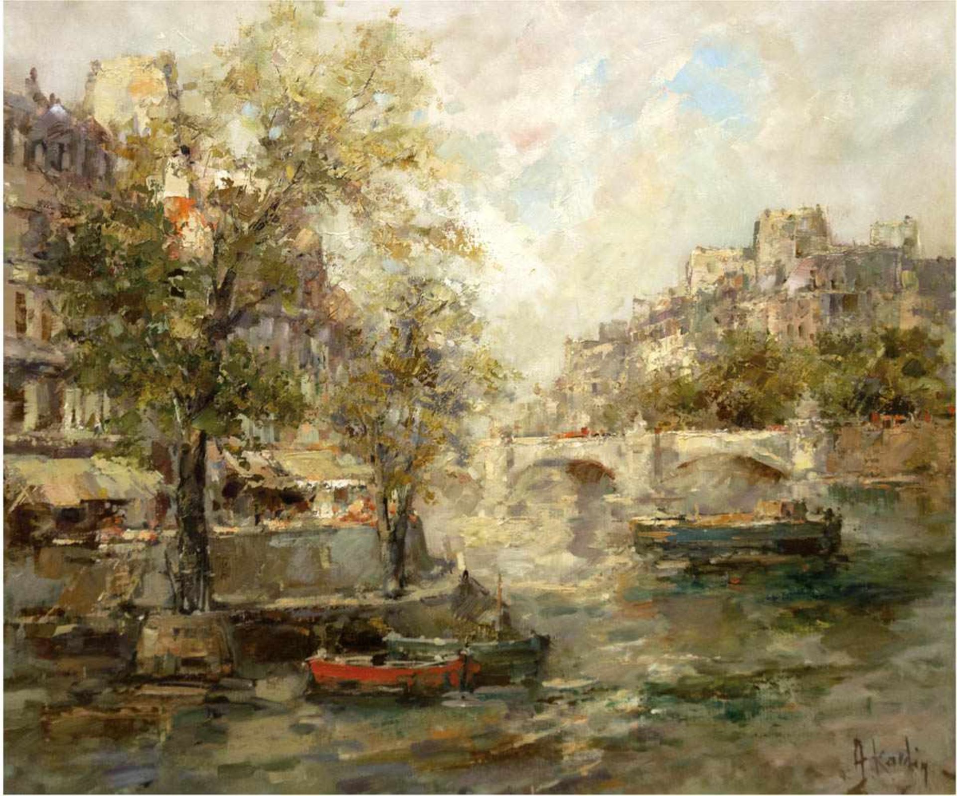 Kardin, Alexander (1917-1976) "Boote auf der Seine in Paris", Öl/Lw., sign. u.r., 70x81cm, Rahmen