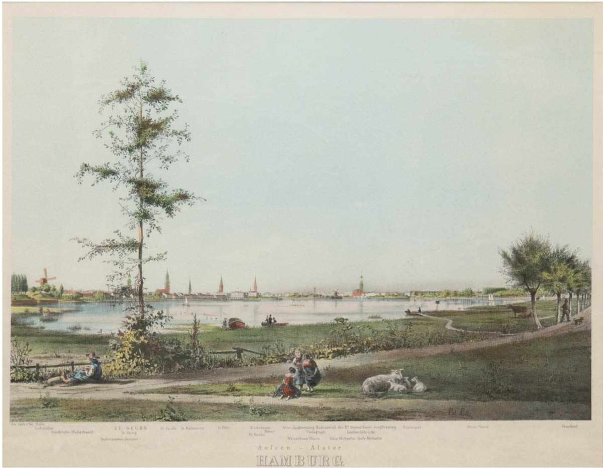 "Aussen-Alster Hamburg von der Uhlenhorst aus...", altkolorierte Litho. nach ValentinRuths, 45x56