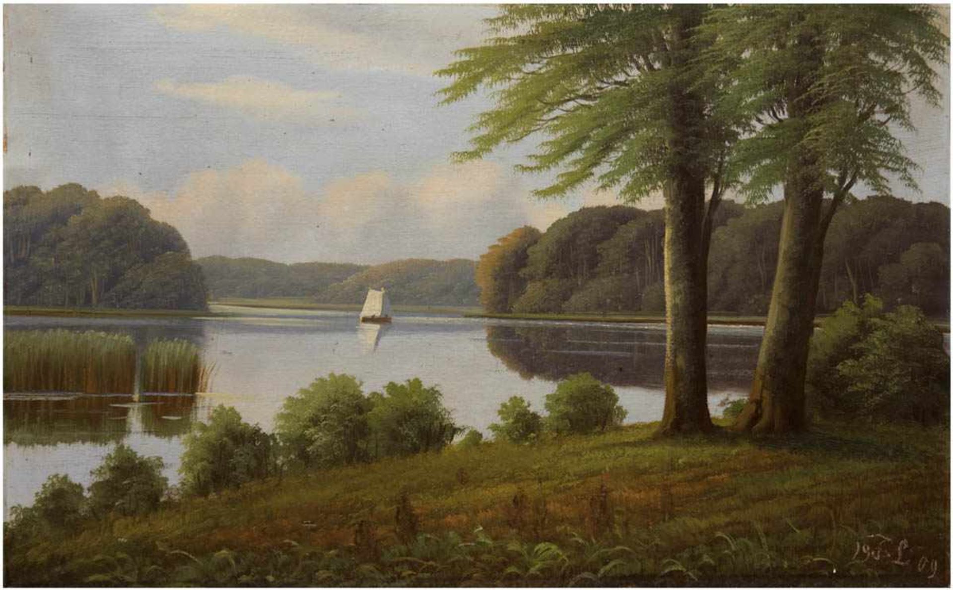 Spätromantiker "Seenlandschaft mit Segelboot", Öl/Lw., monogr. F.L. u. dat. 1909, 41 x61cm