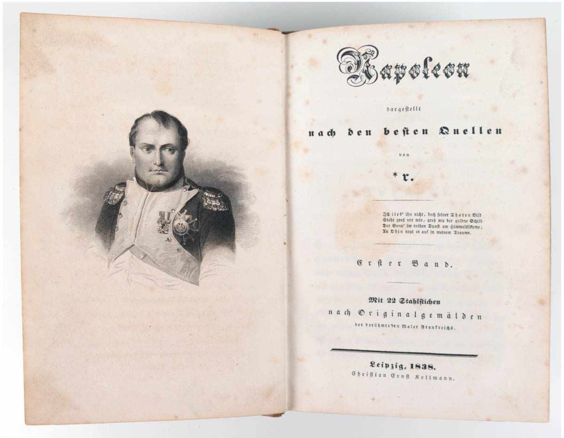 2 Bücher "Napoleon", 1. und 2. Bd., Leipzig, 1838, Ch. Kollmann, mit 22 Stahlstichen,stockfleckig,