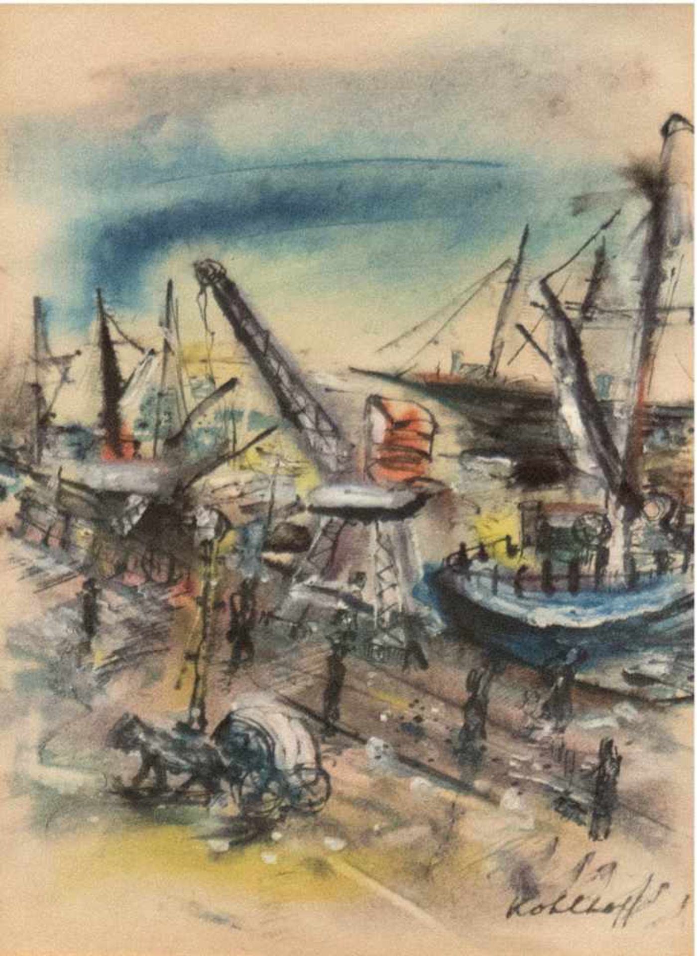 Kohlhoff, Wilhelm (1893 Berlin-1971 Schweinfurt) "Reges Treiben im Hafen", Aquarell/Feder,signiert