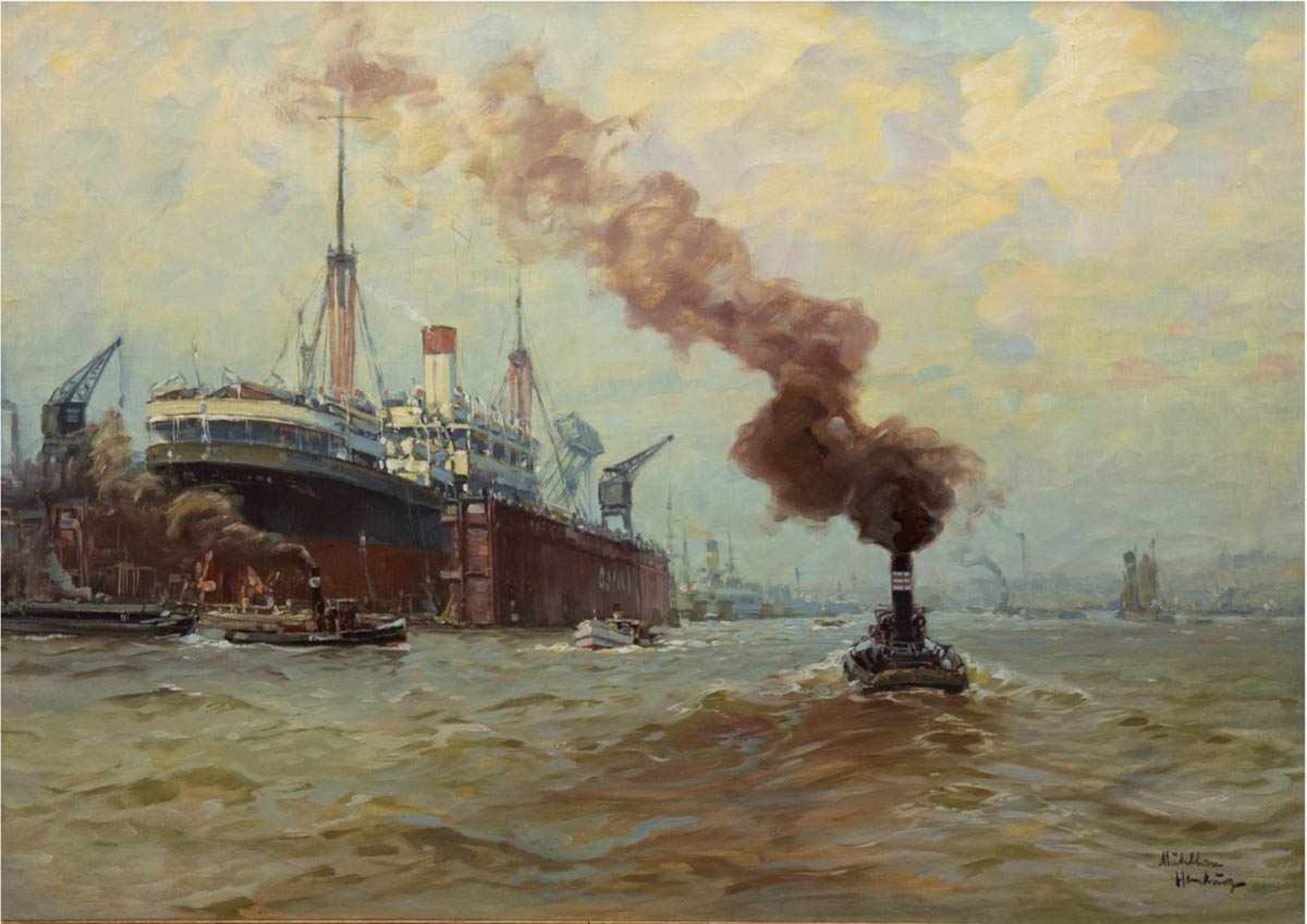 Mühlhan, Adolf (1886 Hannover-1956 Hamburg) "Blick auf den Hamburger Hafen mit großemOzeandampfer am