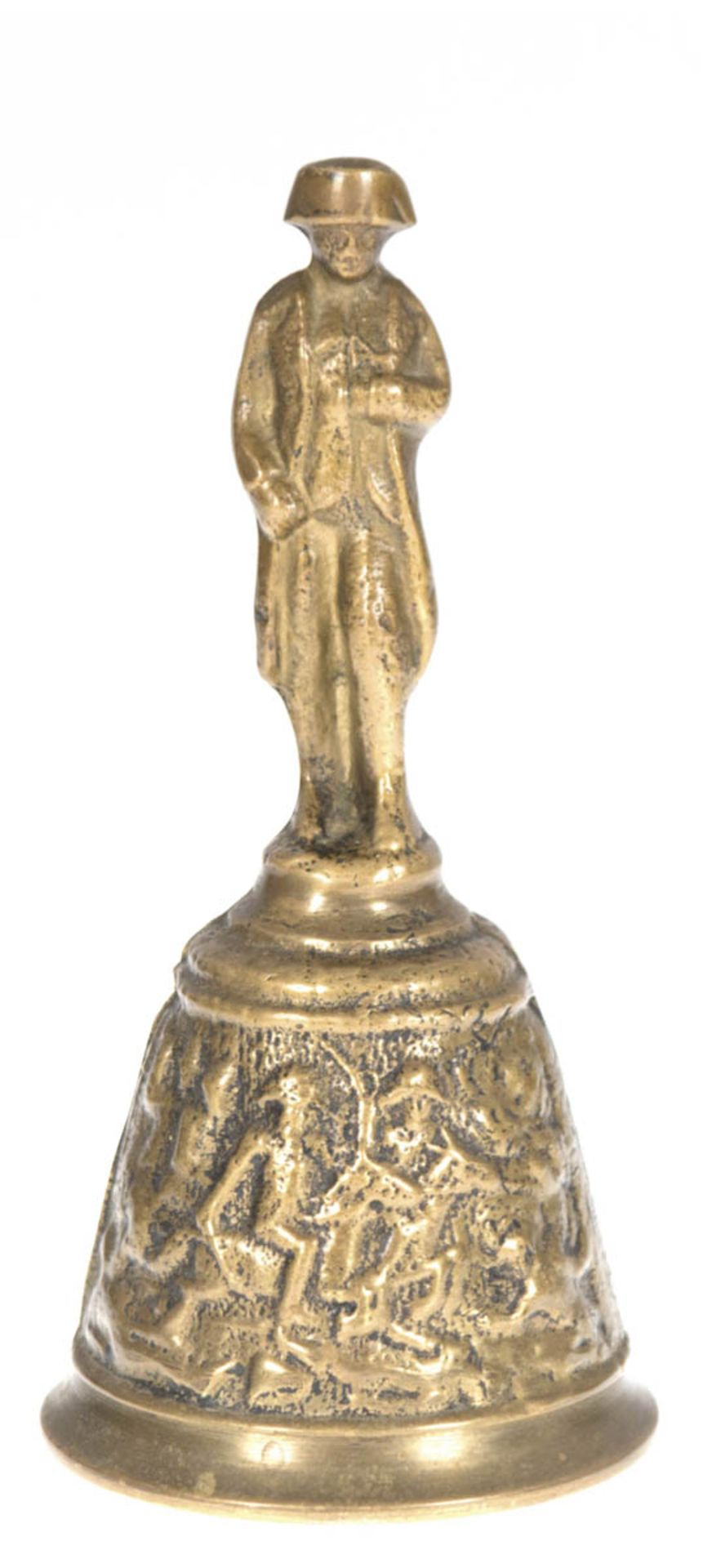 Tischglocke, Bronze, umlaufend reliefierte Schlachtenszene, plastische Napoleon-Figur alsGriff, H.