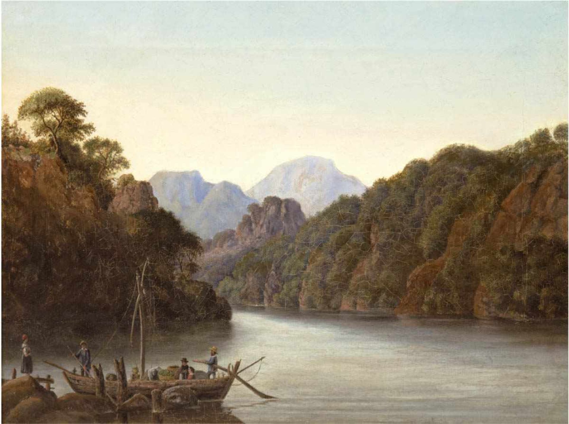 Landschaftsmaler des 19. Jh. "Romantische Flusslandschaft mit kleinem Schiff am Ufer",Öl/Lw.,