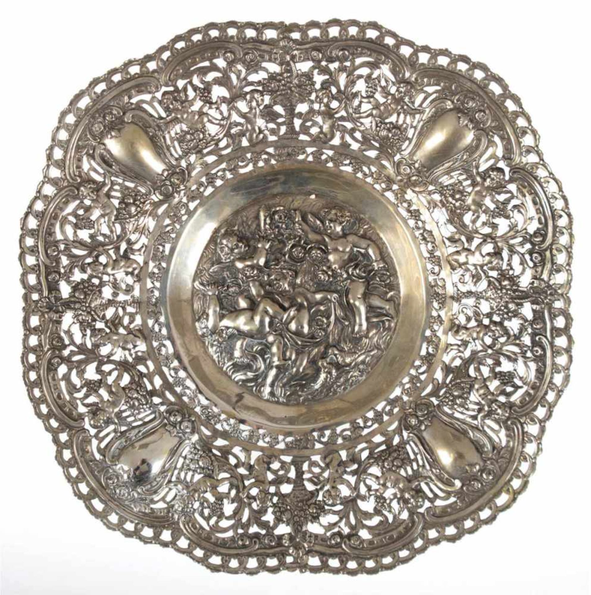 Schale, um 1900, 800er Silber, punziert, ca. 543 g, nahezu runde Form auf 4 Füßen, imSpiegel,