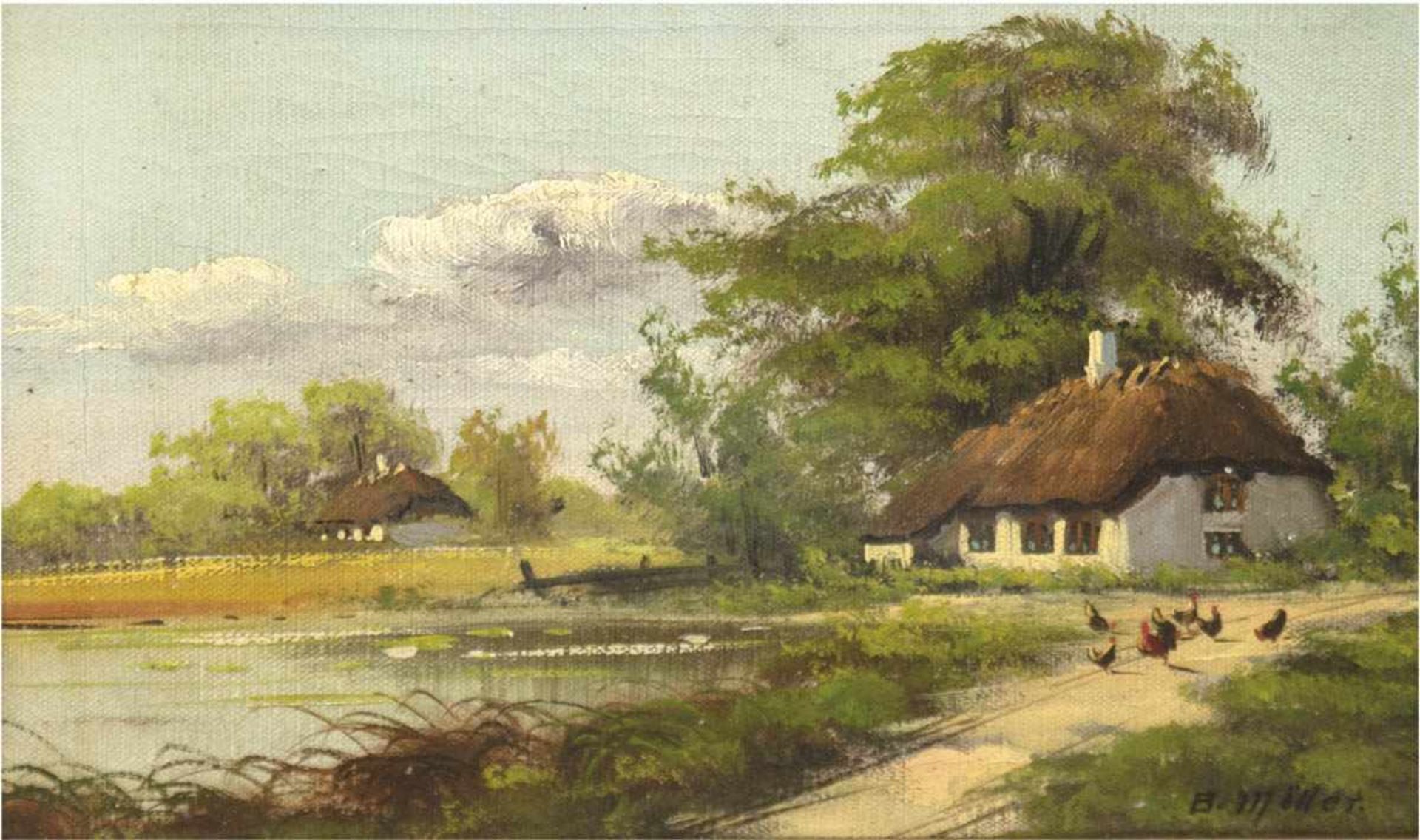 Möller, B. "Hühner vor Bauernhaus am Weiher", Öl/Lw., sign. u.r., 22x28,5 cm, Rahmen