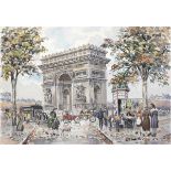 Géo-Lachaux, Georges Marius (1891- 1966) "Reges Treiben am Arc de Triomphe",Feder/Aquarell, signiert