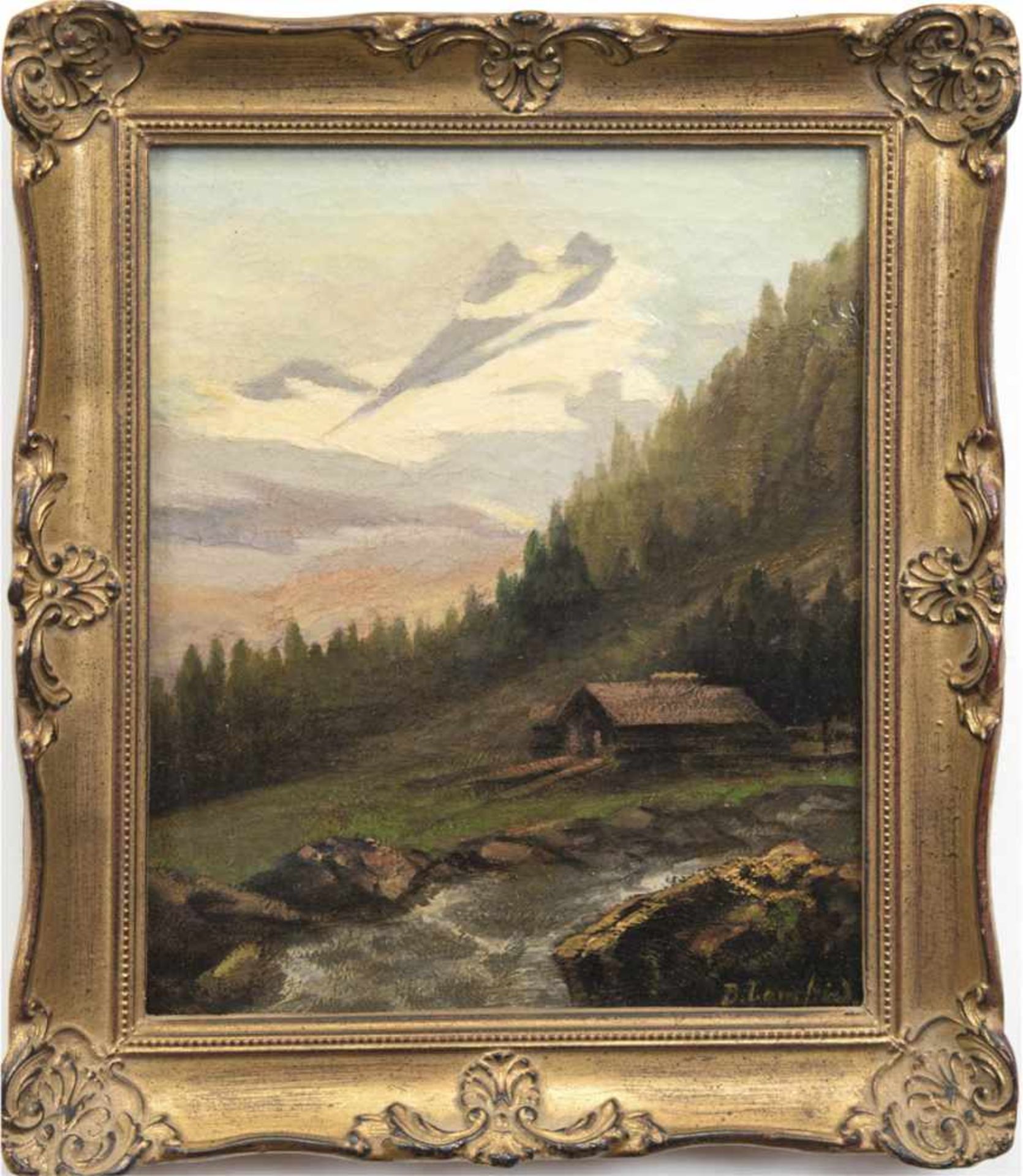 Lemfried, B. "Berghütte am Bach", Öl/Lw. auf Pappe aufgezogen, sign. u.r., 29x24 cm,Rahmen