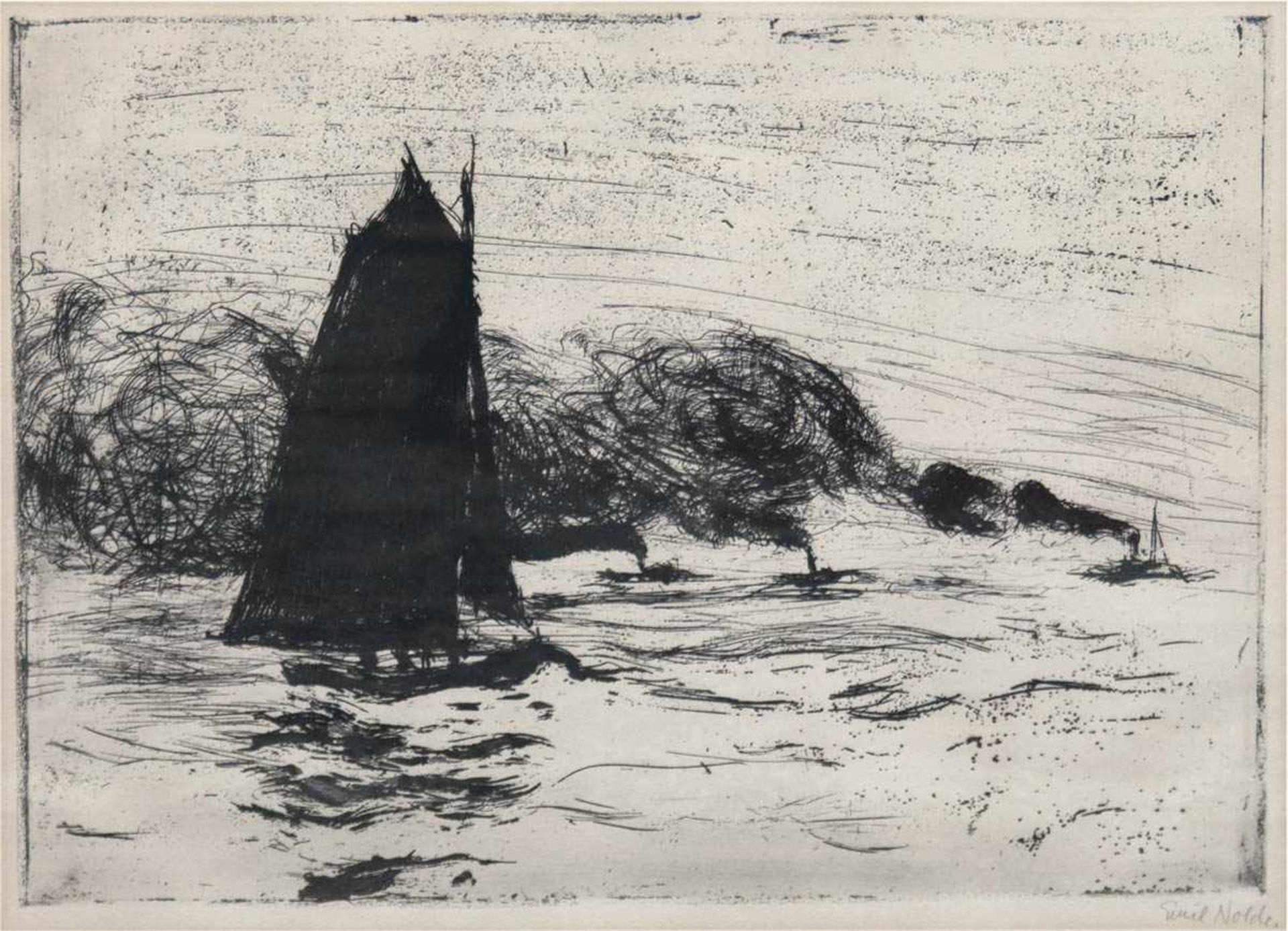 Nolde, Emil (1867 Nolde-1959 Seebüll) "Segelboot auf See", Radierung, handsign. u.r., 31x41 cm,
