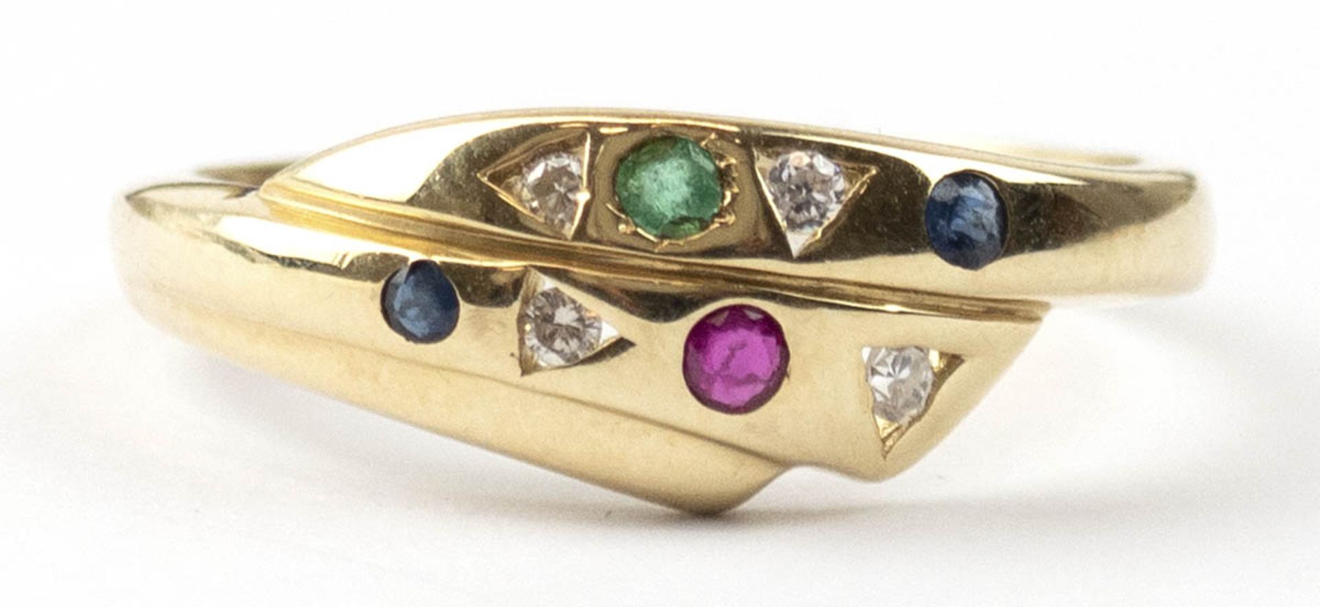 Ring, 585er GG, besetzt mit 4 Brillanten ges. 0,09 ct.., 1 Rubin, 1 Smaragd und 2Saphiren, Gew.
