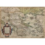 Landkarte "Griechenland", kol. Kupferstich, mit kol. Titelkartusche, Blatt mittigzusammengefügt,