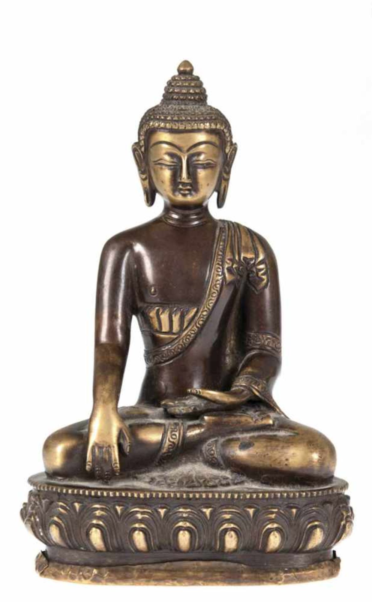 Buddha-Figur "Buddha mit Geste der Erdberührung auf Lotosthron sitzend", Tibet, 19. Jh.,Bronze,