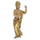 "Weibliche Figur mit Tuch", Mitte 19. Jh., Holz, geschnitzt, mit Goldstaffage,Gebrauchspuren, H.