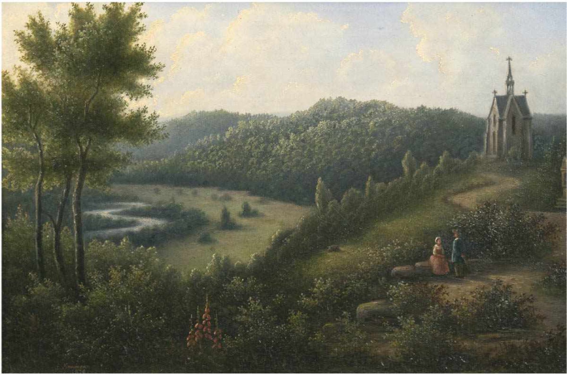 Naumann, E. (Romantiker 19. Jh.) "Kapelle in bewaldeter Sommerlandschaft", Öl/Mp., sign.u. dat. 1876