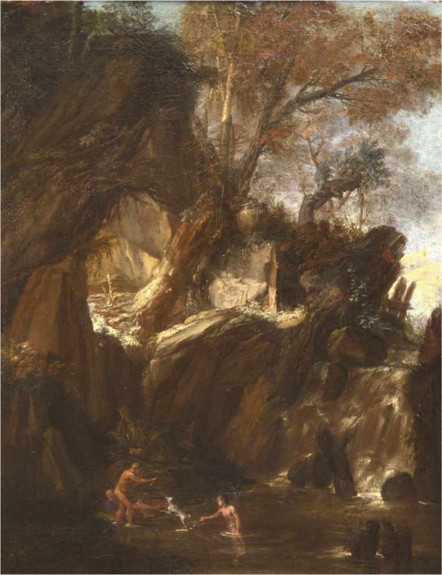 Altmeister des 17. Jh. " Am Wasserfall Badende mit Hund", auf Rahmen Künstlerschild"Dughed, C. (