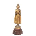 Buddha-Figur "Auf Lotosthron stehender Buddha mit Erleuchtung", 19. Jh., Holz geschnitzt,alte