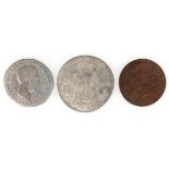 3 Münzen, Preussen, dabei 1/6 Reichstaler, 1813 A, 1/3 Taler, 1802 und 3 Pfennige 1858 A