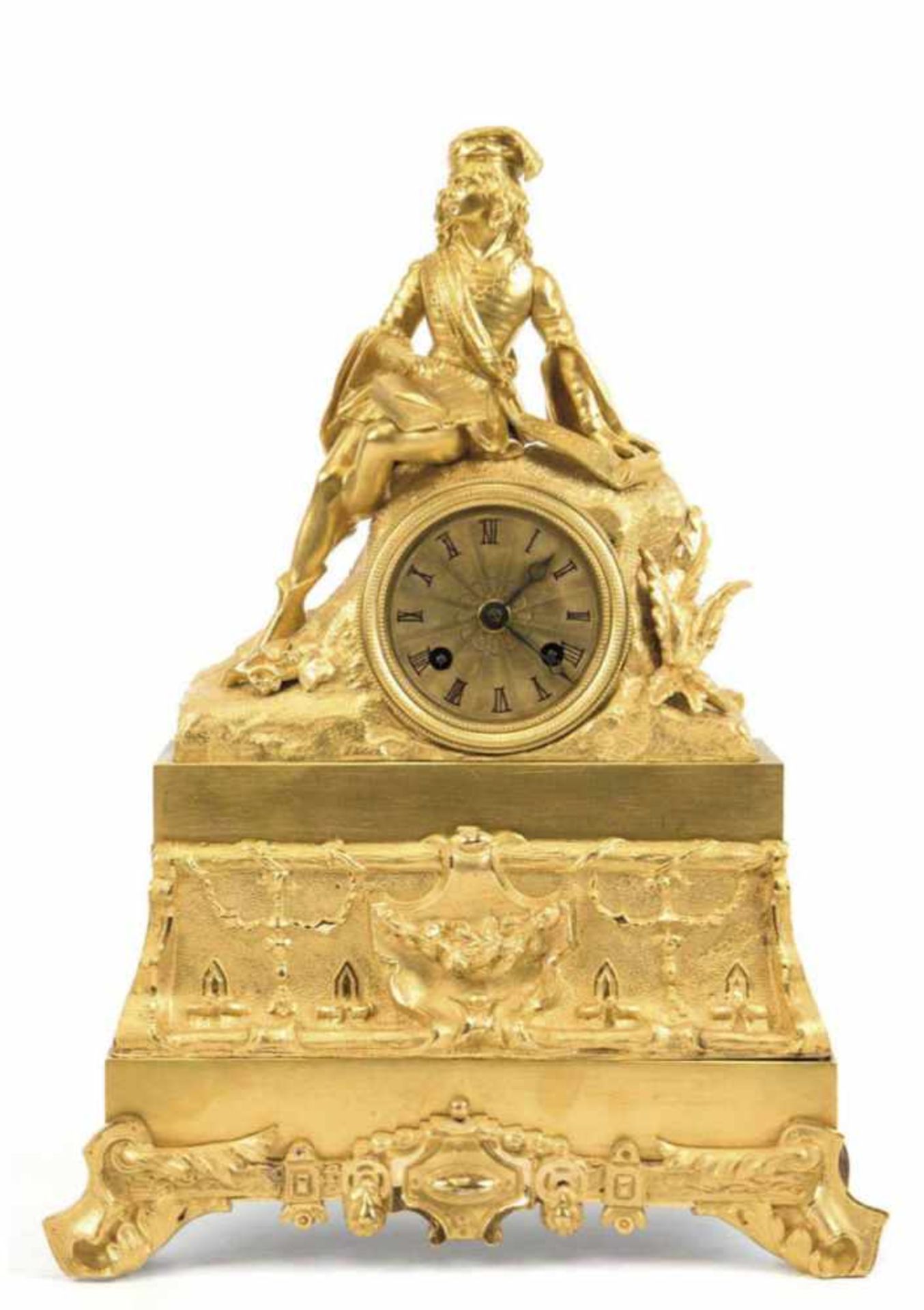 Pendule, Frankreich um 1850, vergoldetes Bronzegehäuse, figürlich, Jüngling mit Buch,