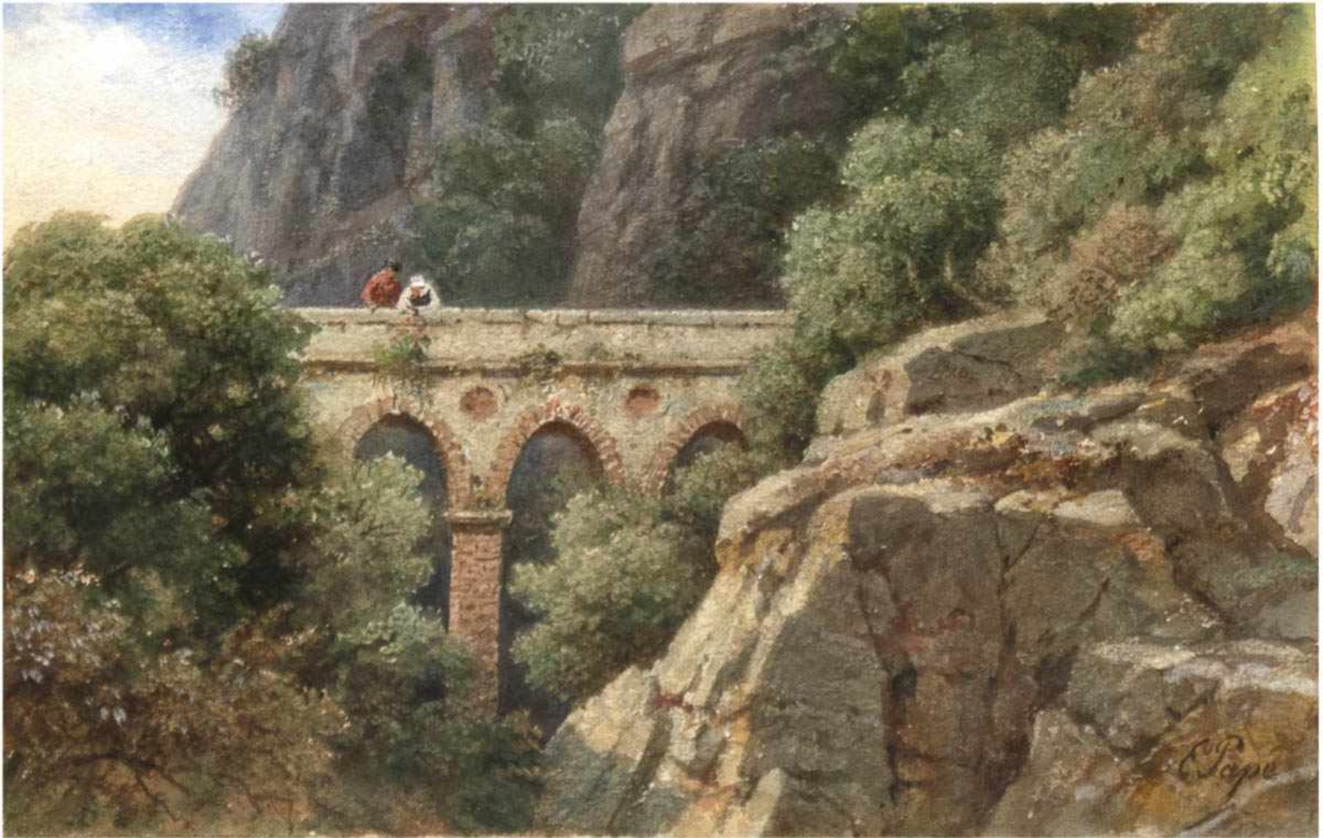 Pape, Eduard Friedrich (1817 Berlin-1905 ebenda) "Personen auf einer Brücke über derSchlucht",