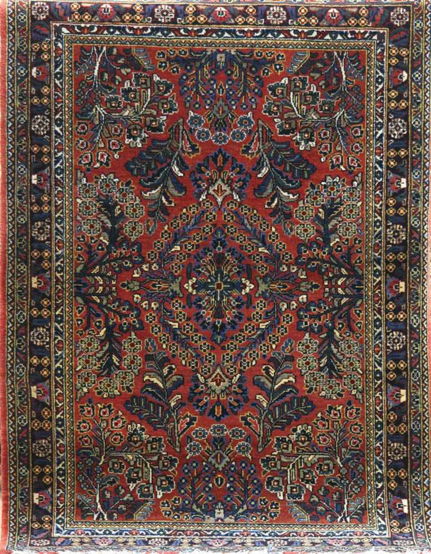Alter Sarok, Persien, rot-/blaugrundig, mit zentralem Medaillon und floralen Motiven,Fransen